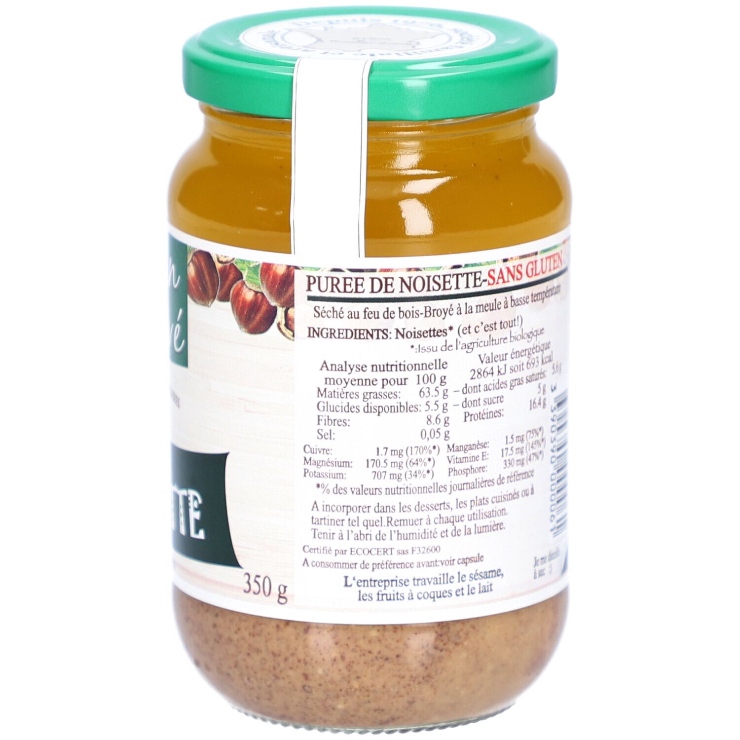 Rückseite des Glases mit Nährwertangaben und Zutaten. 350g. Grün-weiße Kappe.