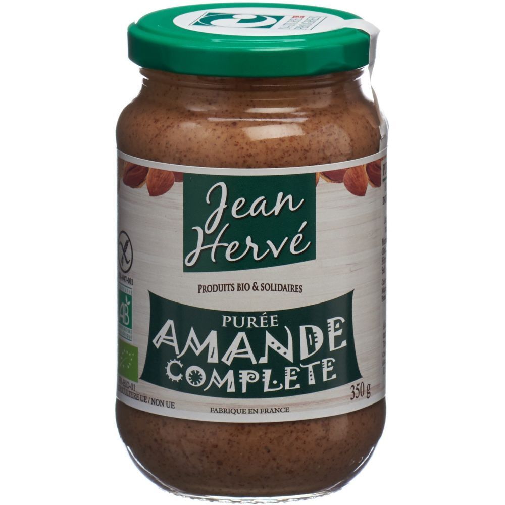 Glas mit Mandelpüree. Marke Jean Hervé. Aufschrift: Purée Amande Complète. Bio-Siegel. Grüner Deckel.