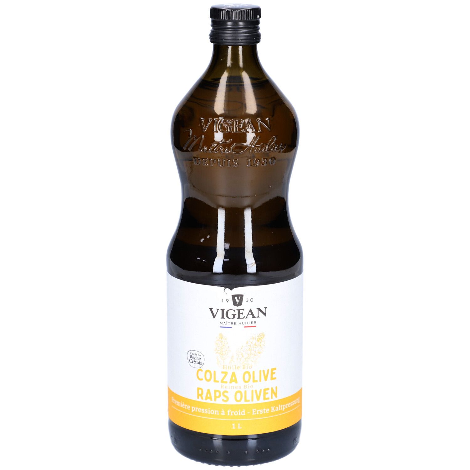 Braune Glasflasche mit schwarzem Deckel. Etikett mit Produktnamen und Logo. Aufschrift: VIGEAN Huile Biocolive.