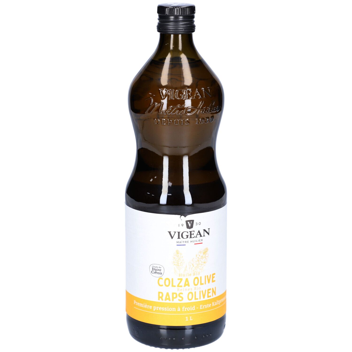 Braune Glasflasche mit schwarzem Deckel. Etikett mit Produktnamen und Logo. Aufschrift: VIGEAN Huile Biocolive.