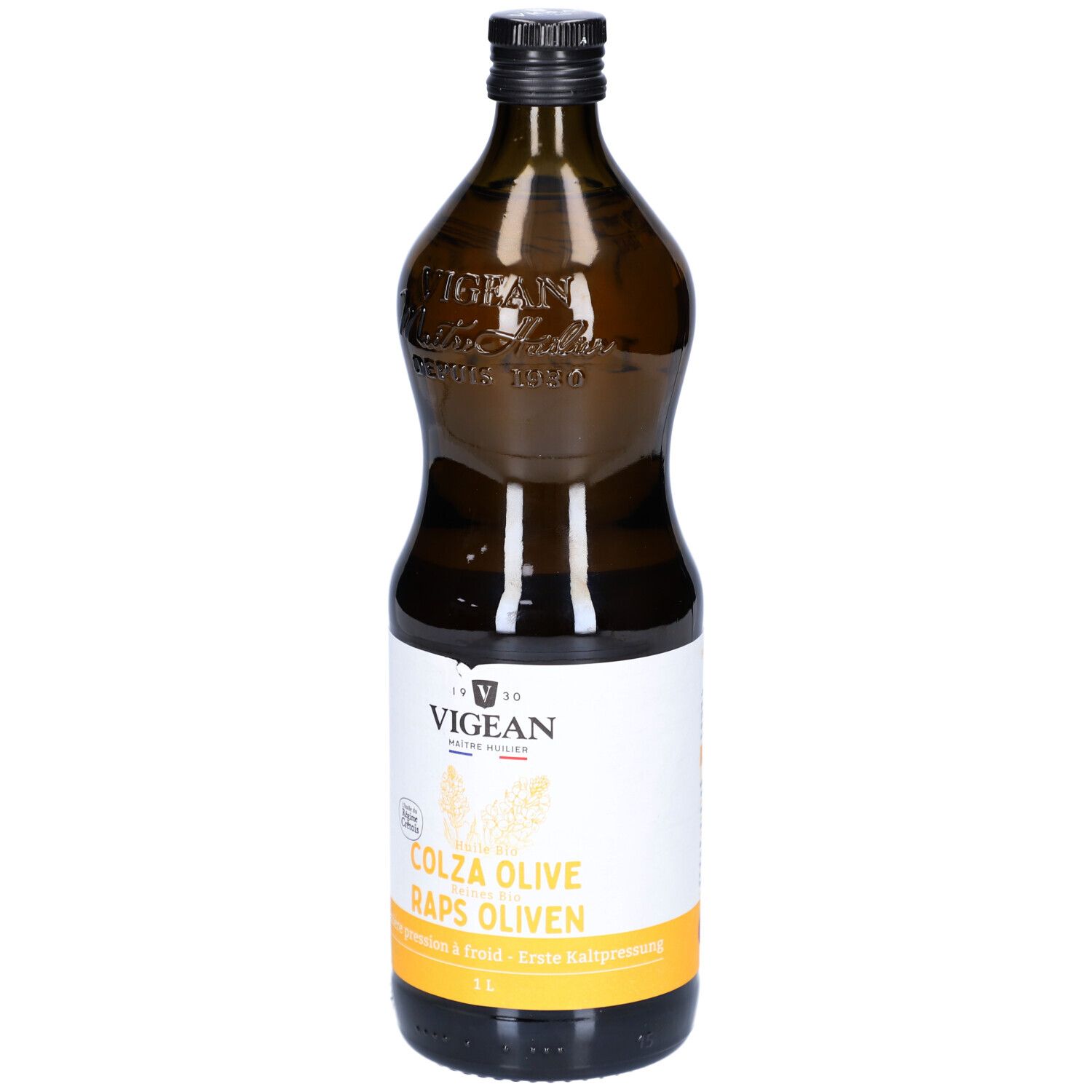 Braune Glasflasche mit schwarzem Deckel. Etikett mit Produktnamen und Logo. Aufschrift: VIGEAN Huile Biocolive.