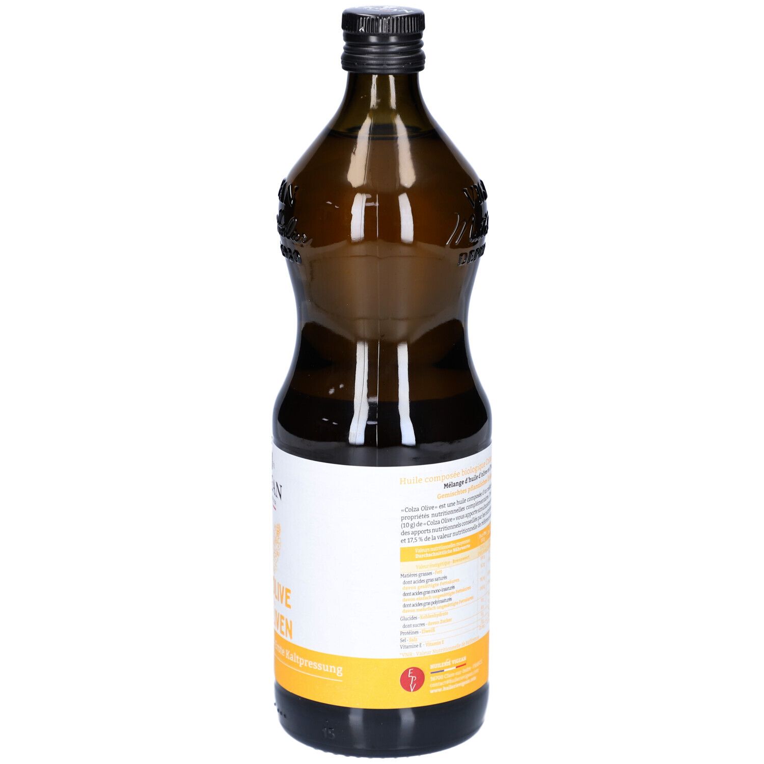 Rückseite einer braunen Glasflasche mit Etikett. Auf dem Etikett sind Informationen und Logos abgebildet. Schwarzer Deckel.