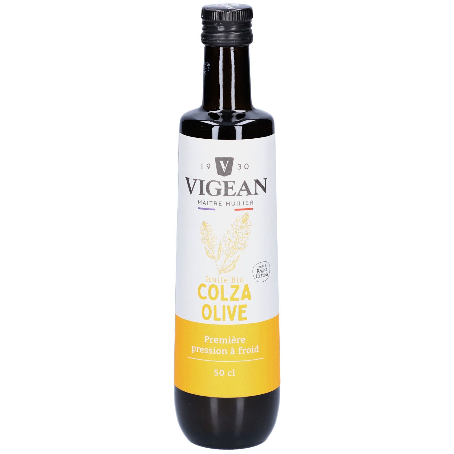 Braune Glasflasche mit schwarzem Deckel. Aufkleber mit Text: VIGEAN, COLZA OLIVE, 50 cl. Bio-Siegel.