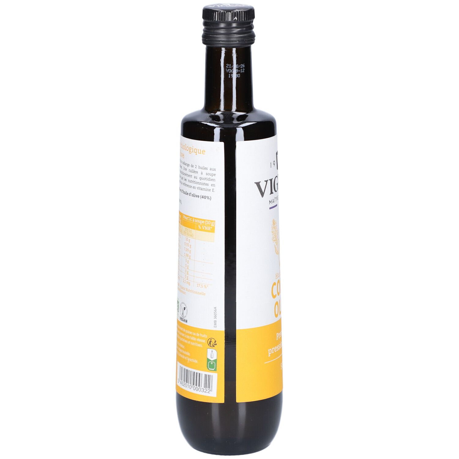 Braune Glasflasche mit Etikett. Text: VIGEAN, COLZA OLIVE. Rückseite mit Nährwertangaben und Bio-Siegel.