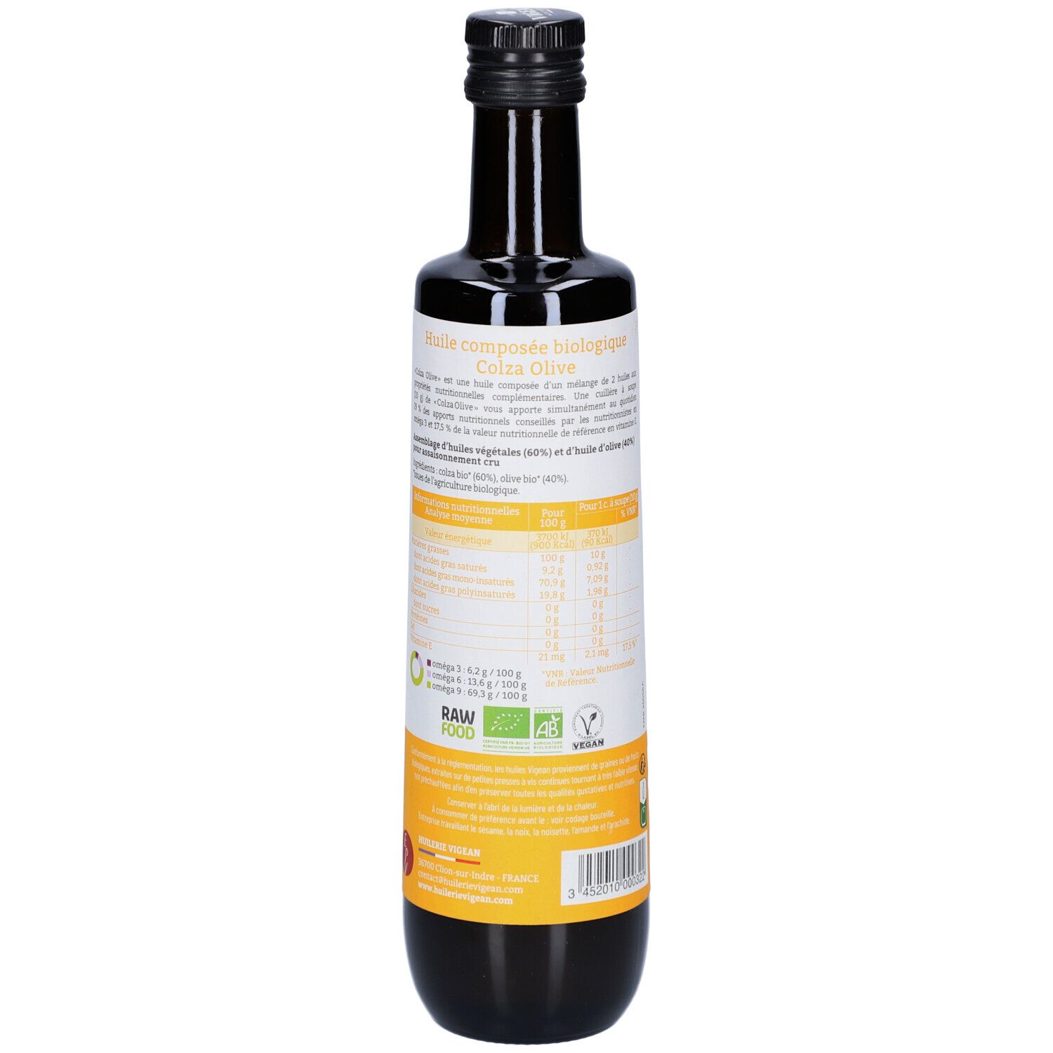 Braune Glasflasche, Rückseite mit Etikett. Text: Nährwertangaben, Bio-Siegel, RAW FOOD. Gelber Streifen.