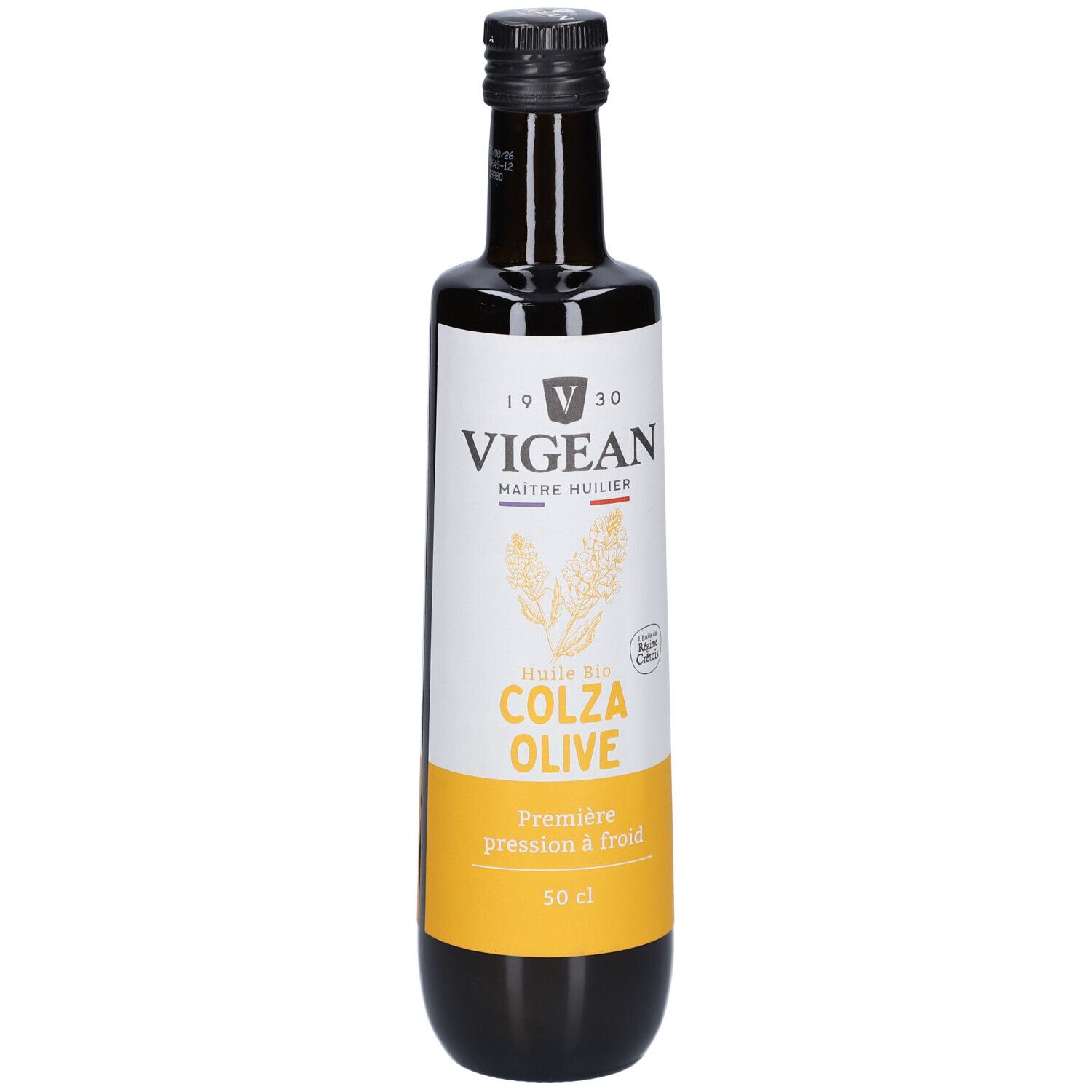 Braune Glasflasche mit schwarzem Deckel. Aufkleber mit Text: VIGEAN, COLZA OLIVE, 50 cl. Bio-Siegel.
