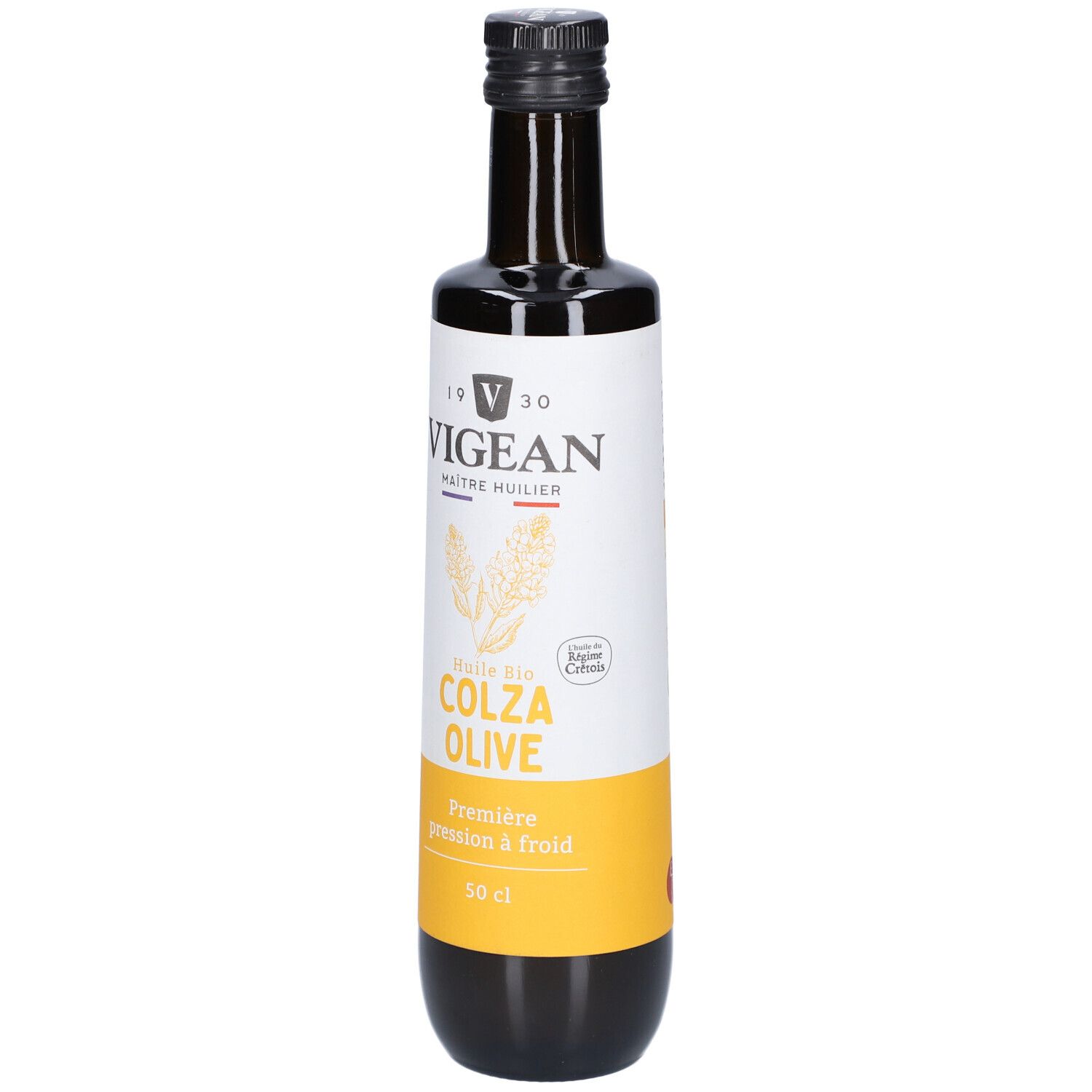 Braune Glasflasche mit schwarzem Deckel. Aufkleber mit Text: VIGEAN, COLZA OLIVE, 50 cl. Bio-Siegel.