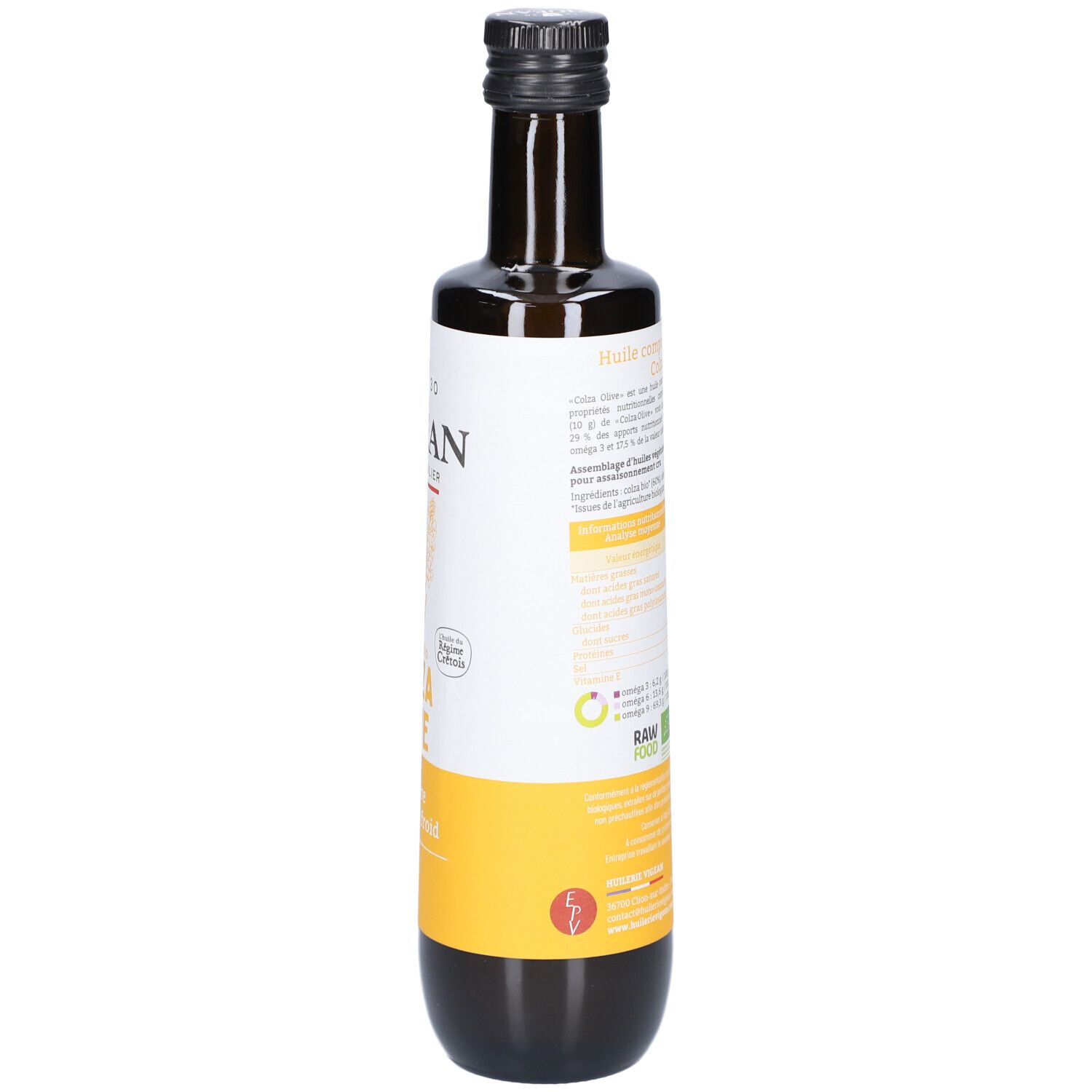 Braune Glasflasche, Rückseite mit Etikett. Text: Nährwertangaben, Bio-Siegel, RAW FOOD. Gelber Streifen.