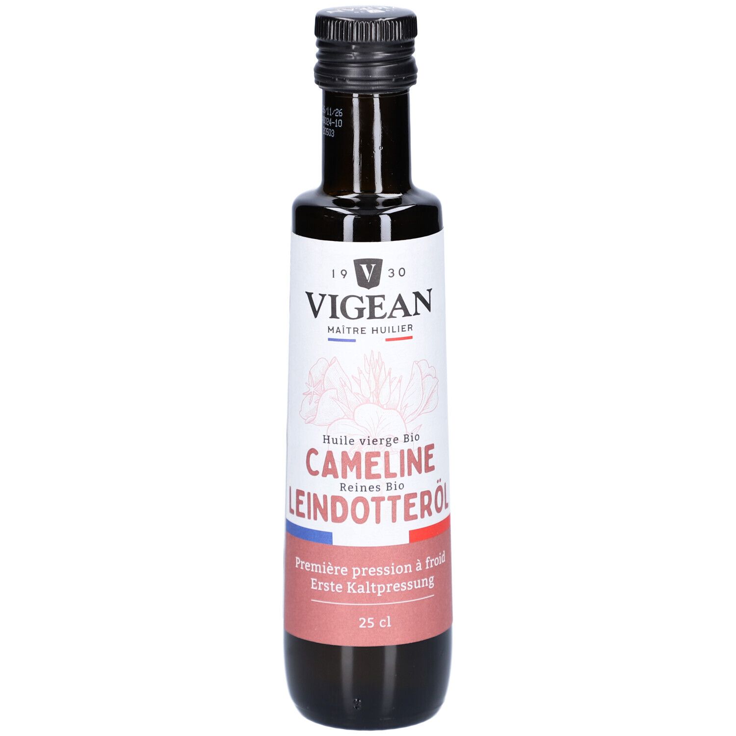 Braune Glasflasche mit schwarzem Deckel. Etikett mit Produktnamen, Marke und Inhaltsangabe. 25 cl.
