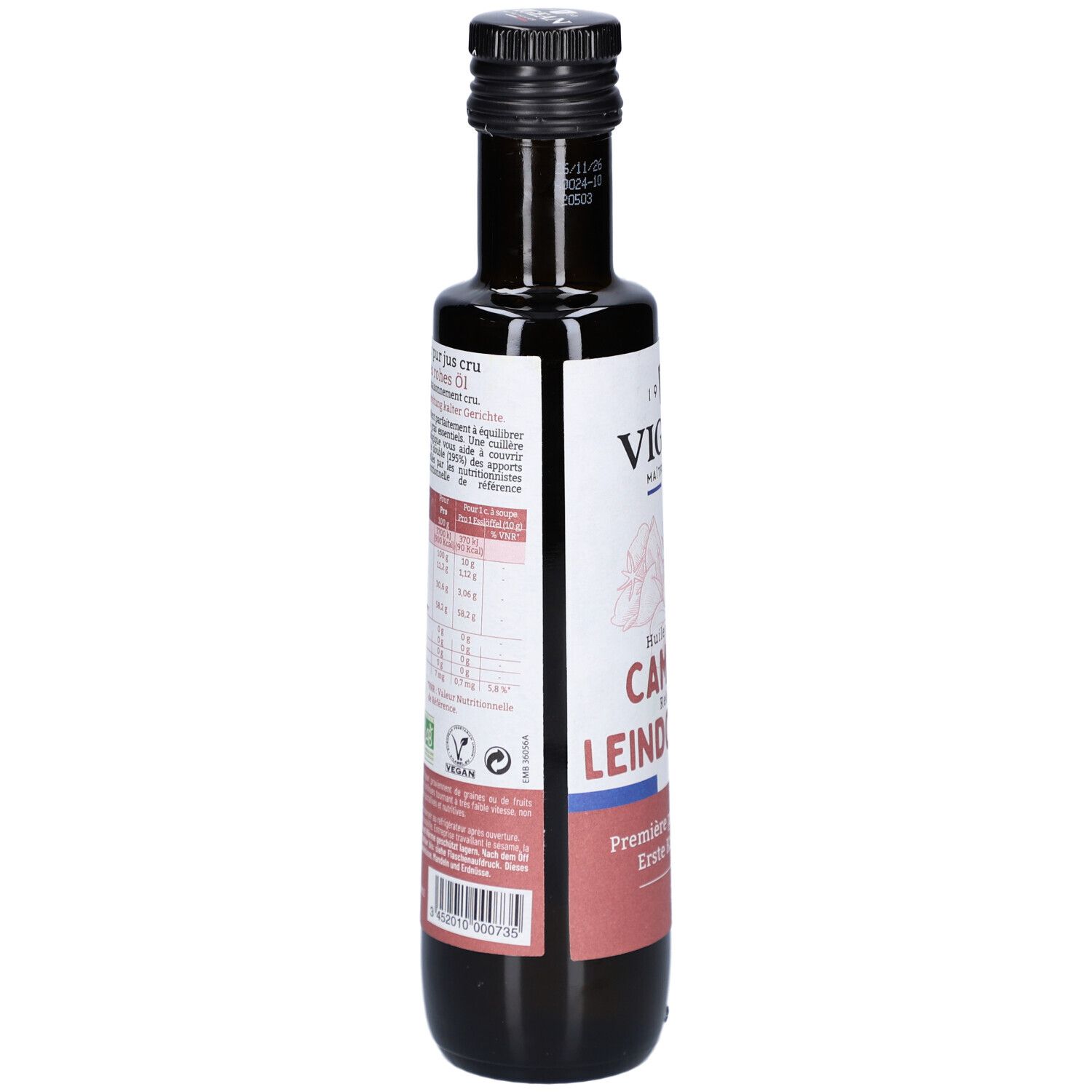 Braune Glasflasche. Etikett mit Nährwertangaben, Inhaltsstoffen und Zertifizierungen. Schwarzer Deckel.