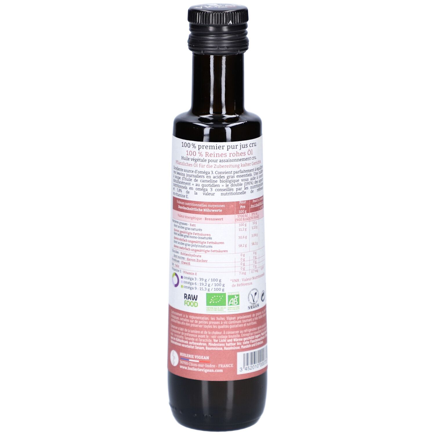 Braune Glasflasche. Rückseite mit Text, Nährwertangaben und Zertifizierungen. Schwarzer Deckel.