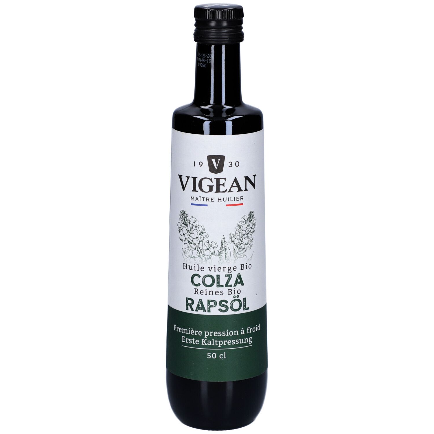 Bouteille en verre foncé avec étiquette. Inscription: VIGEAN, COLZA, Rapsöl. 50 cl.