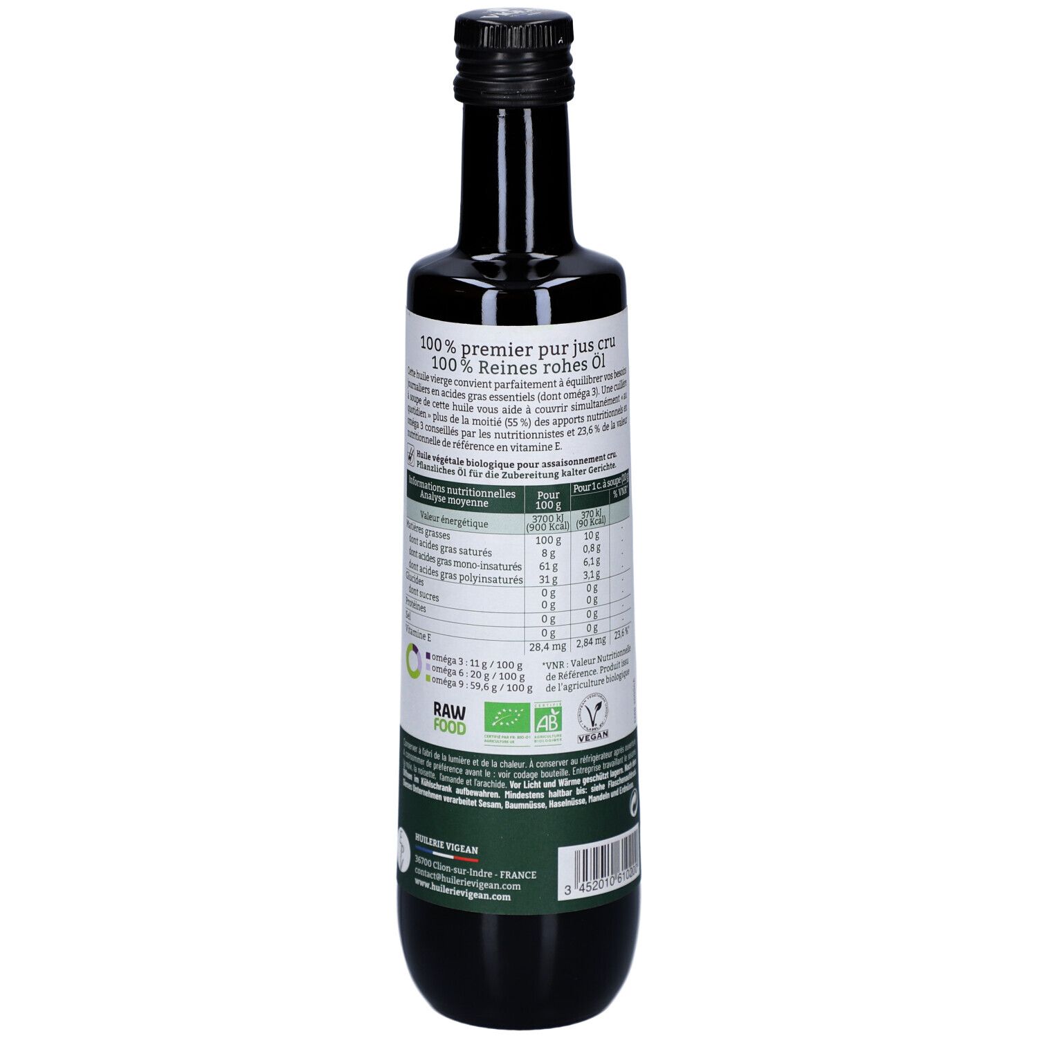 Bouteille en verre foncé, dos. Étiquette avec informations nutritionnelles, texte et label bio.