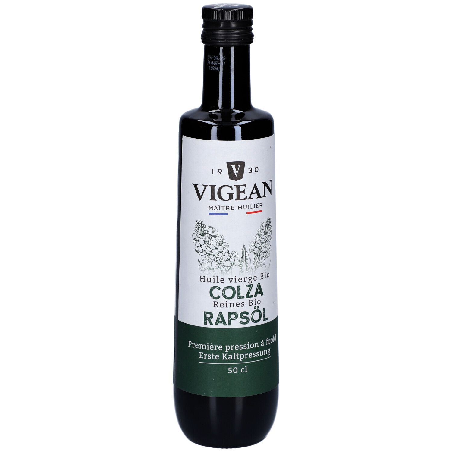 Bouteille en verre foncé avec étiquette. Inscription: VIGEAN, COLZA, Rapsöl. 50 cl.