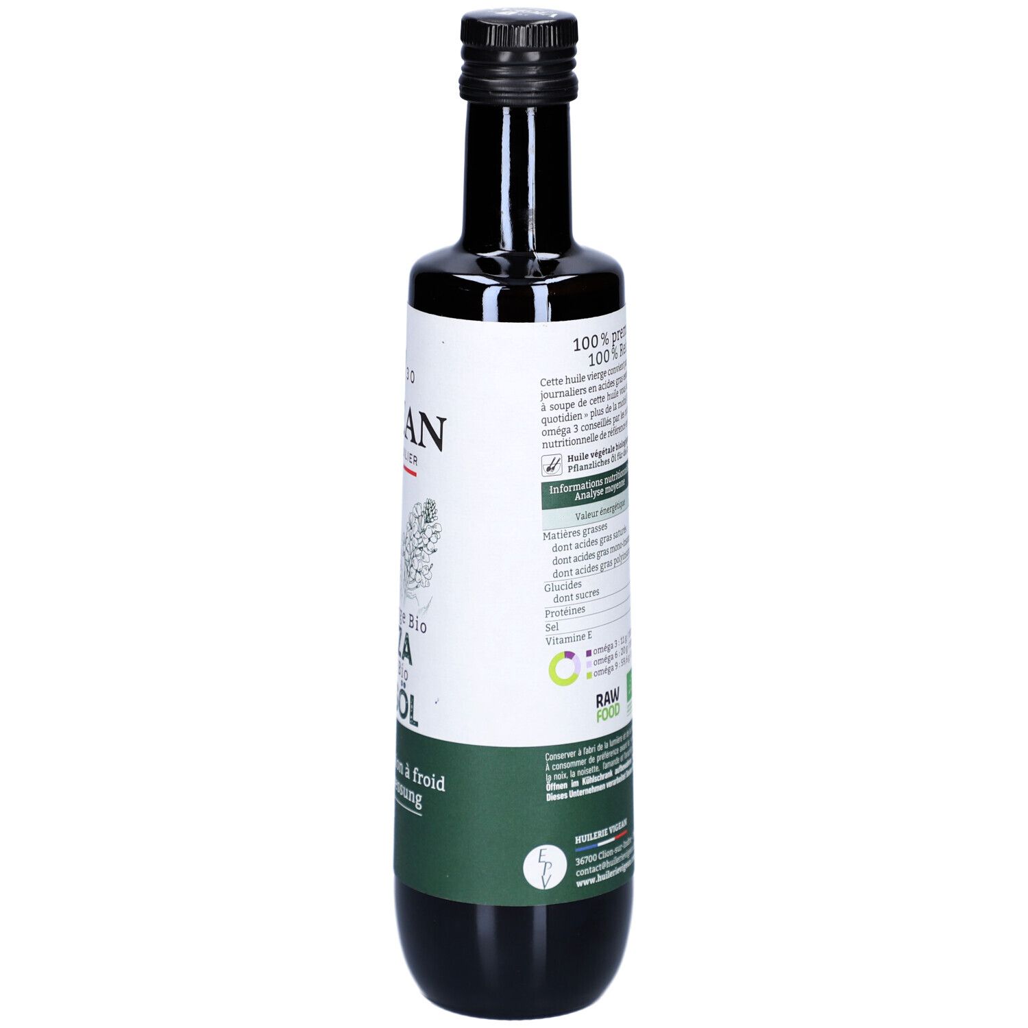 Bouteille en verre foncé, dos. Étiquette avec texte, informations nutritionnelles et label bio.