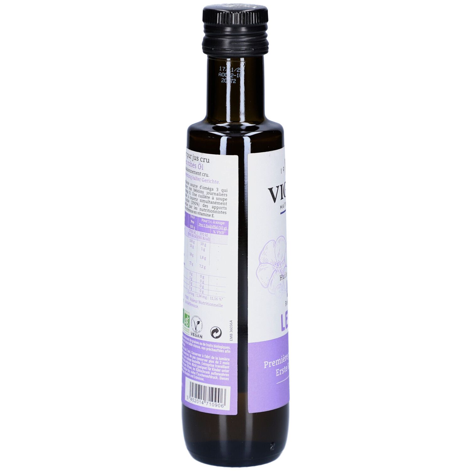 Braune Glasflasche mit schwarzem Deckel. Rückseite mit Etikett und Text. Enthält Nährwertangaben und Zertifizierungen.