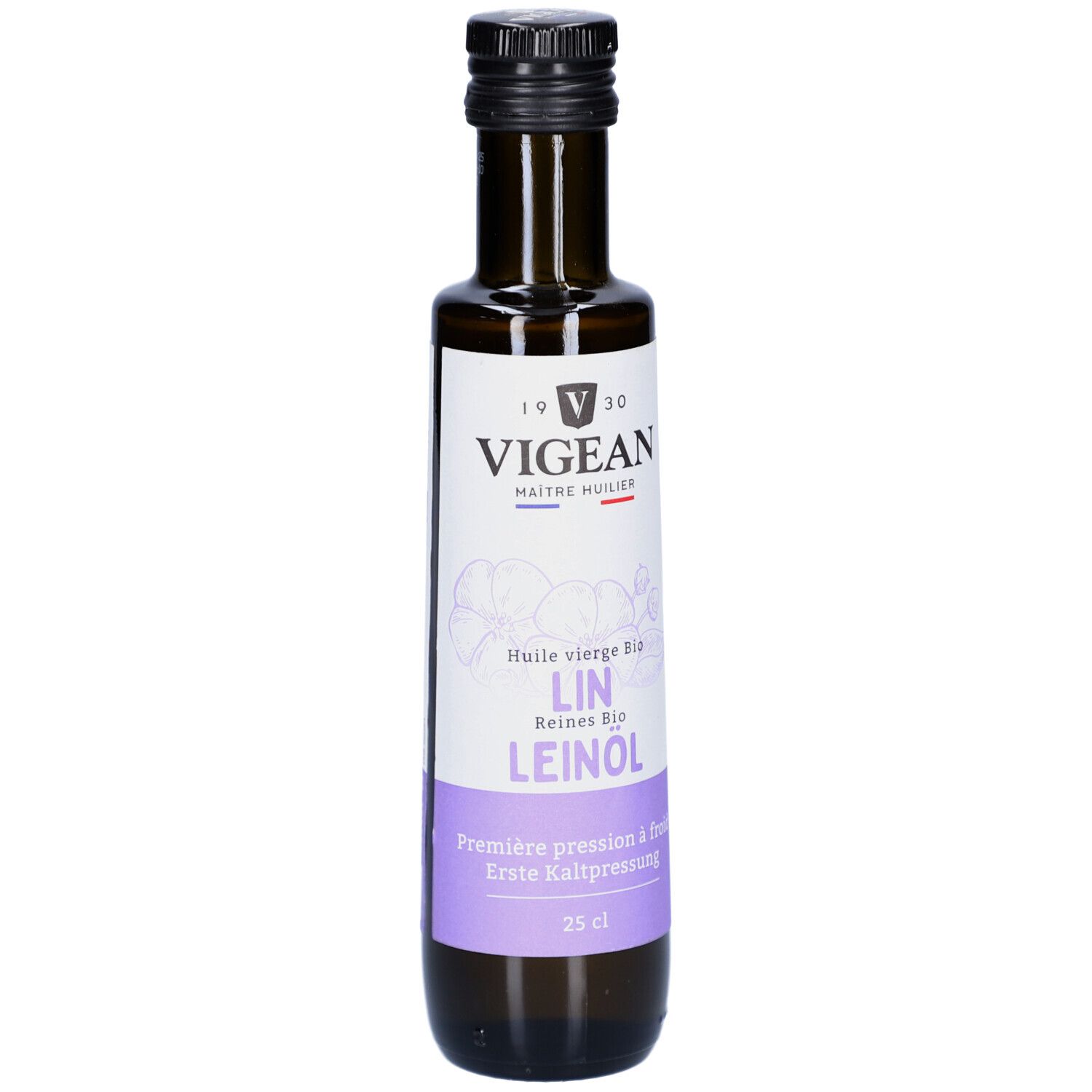 Braune Glasflasche mit schwarzem Deckel. Etikett mit Produktbezeichnung und Logo. Aufschrift: VIGEAN, LIN, Leinöl, 25 cl.