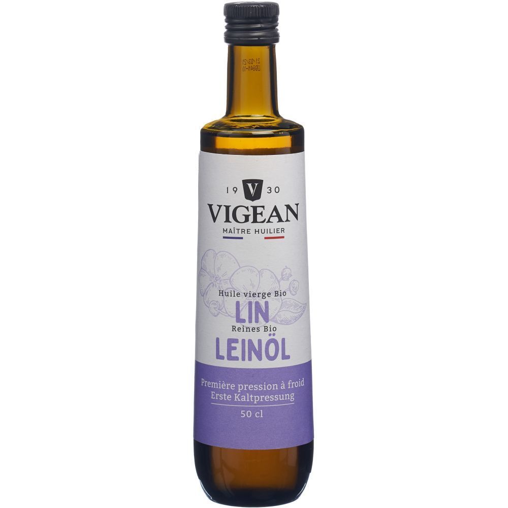 Braune Glasflasche mit schwarzem Deckel. Etikett mit Produktnamen und Logo. Aufschrift: Leinöl.