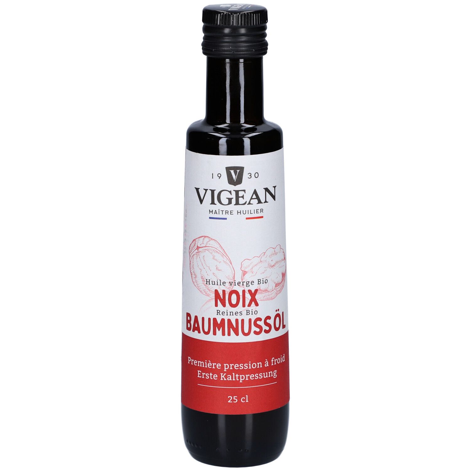 Braune Glasflasche mit schwarzem Deckel. Etikett mit VIGEAN-Logo, Text: NOIX BAUMNUSSÖL, 25 cl. Bio-Siegel.