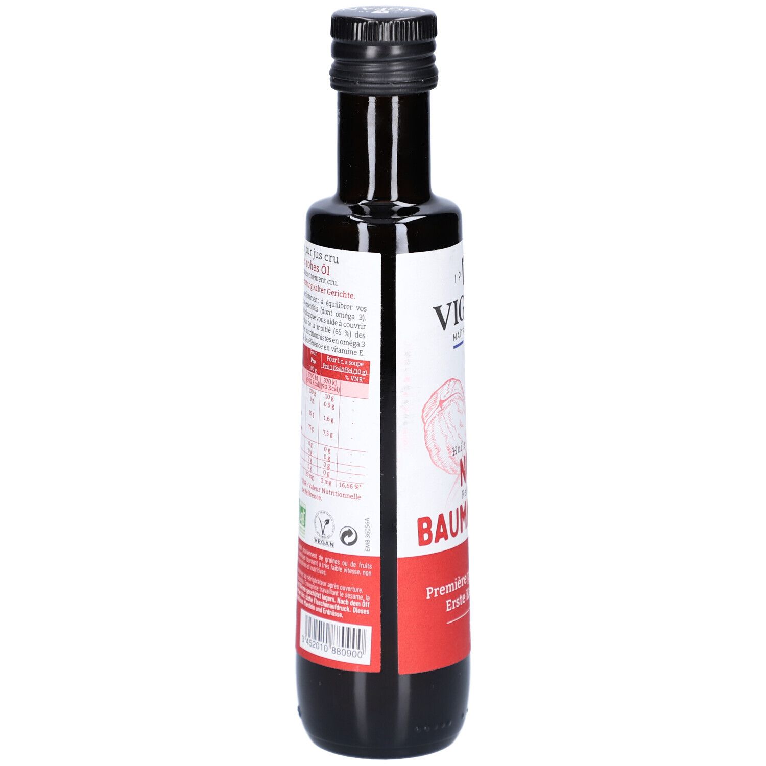 Braune Glasflasche. Rückseite mit Etikett. Text: Nährwertangaben, Bio-Siegel, QR-Code. Schwarzer Deckel.
