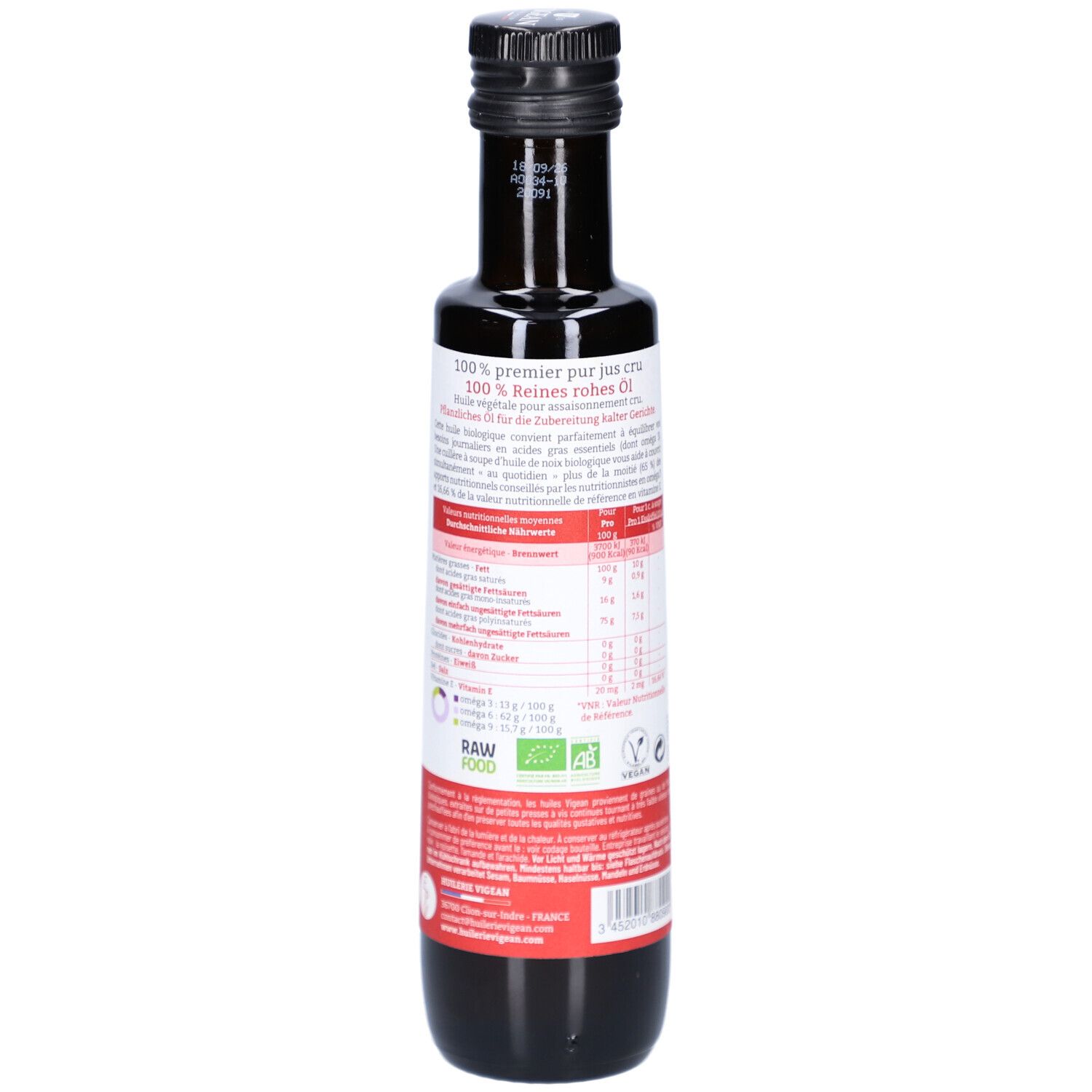 Braune Glasflasche. Rückseite mit Etikett. Text: 100% premier pur jus, Nährwertangaben, Bio-Siegel. Schwarzer Deckel.