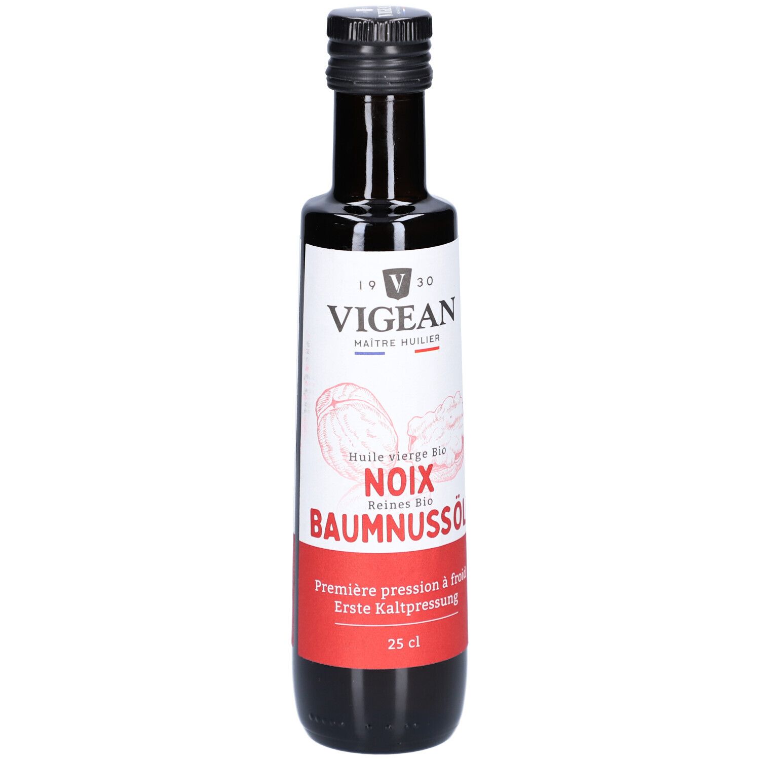 Braune Glasflasche mit schwarzem Deckel. Etikett mit VIGEAN-Logo, Text: NOIX BAUMNUSSÖL, 25 cl. Bio-Siegel.