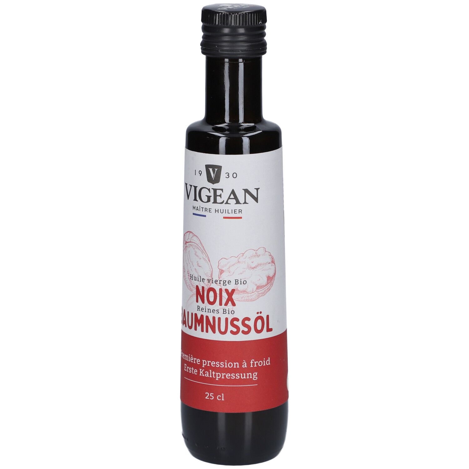 Braune Glasflasche mit schwarzem Deckel. Etikett mit VIGEAN-Logo, Text: NOIX BAUMNUSSÖL, 25 cl. Bio-Siegel.