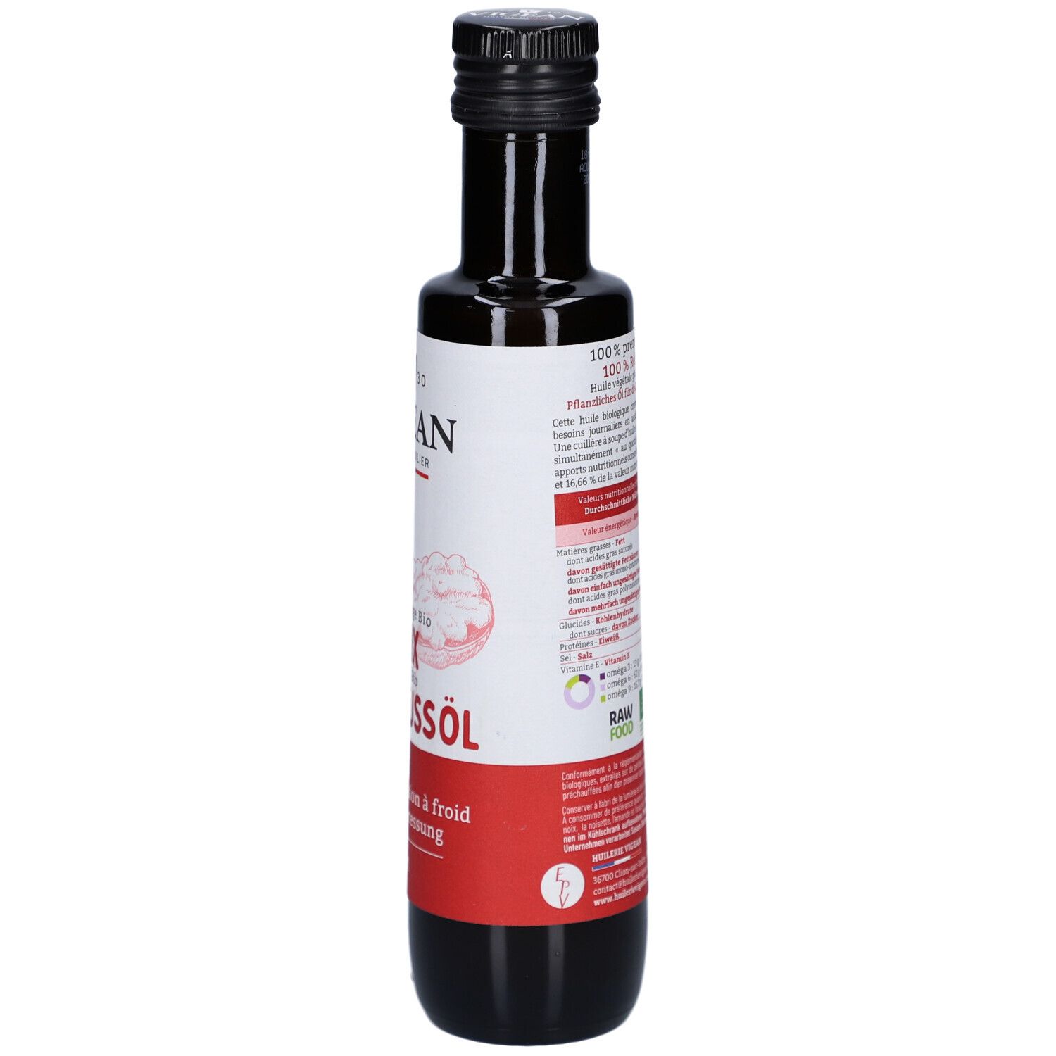Braune Glasflasche. Rückseite mit Etikett. Text: Nährwertangaben, Bio-Siegel, QR-Code. Schwarzer Deckel.