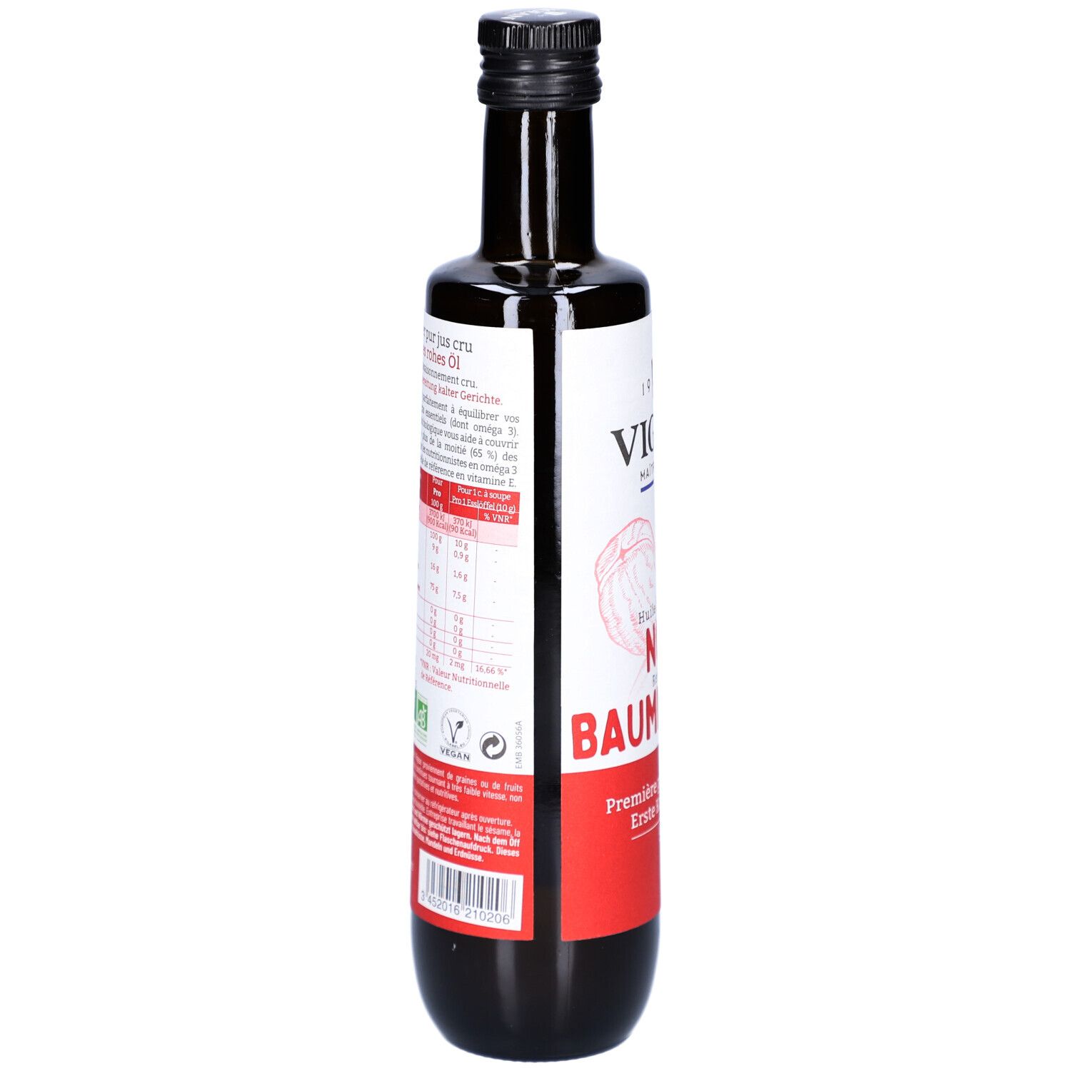 Braune Glasflasche mit Etikett. Rückseite mit Text und Nährwertangaben. Schwarzer Deckel. Roter Streifen.