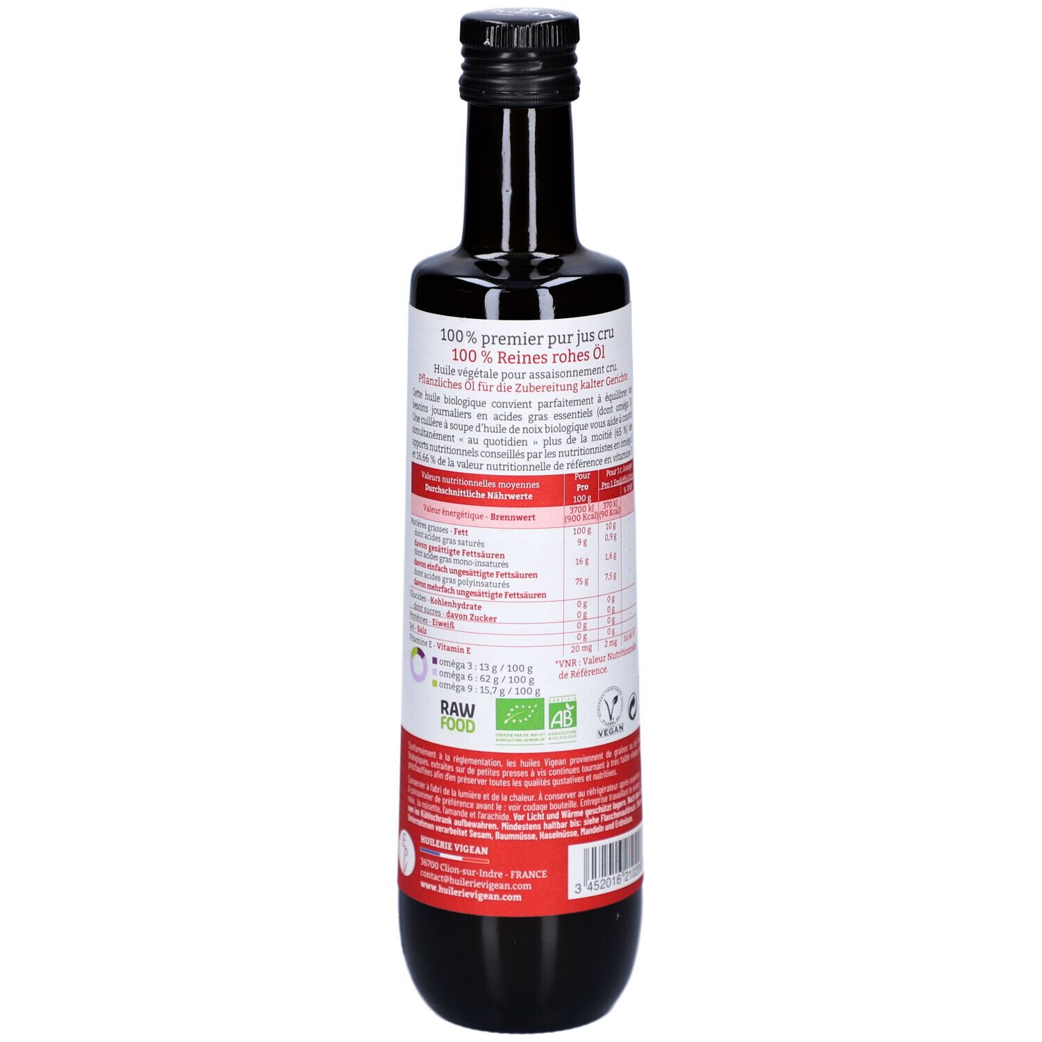 Braune Glasflasche mit Etikett. Rückseite mit Text und Nährwertangaben. Schwarzer Deckel. Bio-Siegel.