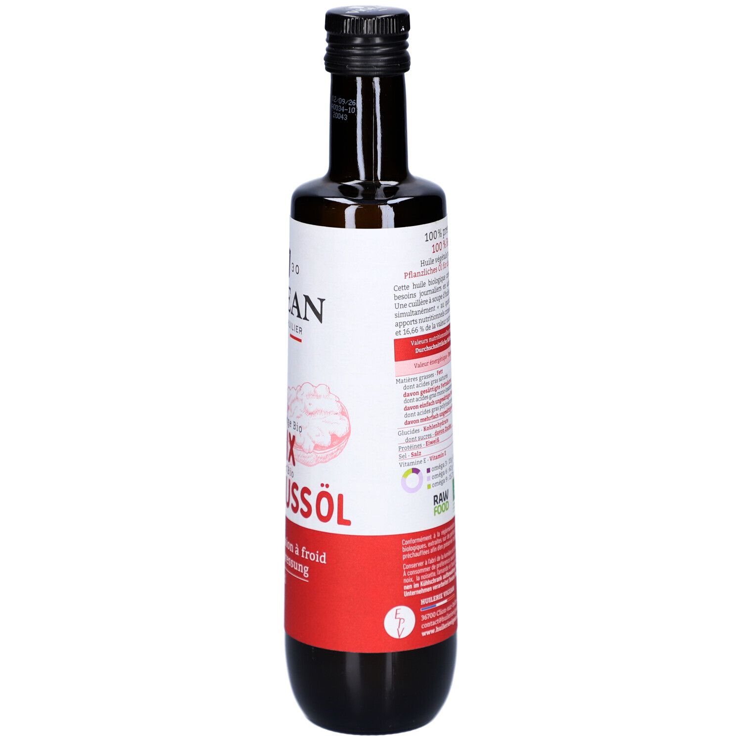 Braune Glasflasche mit Etikett. Rückseite mit Text und Nährwertangaben. Schwarzer Deckel. Bio-Siegel.