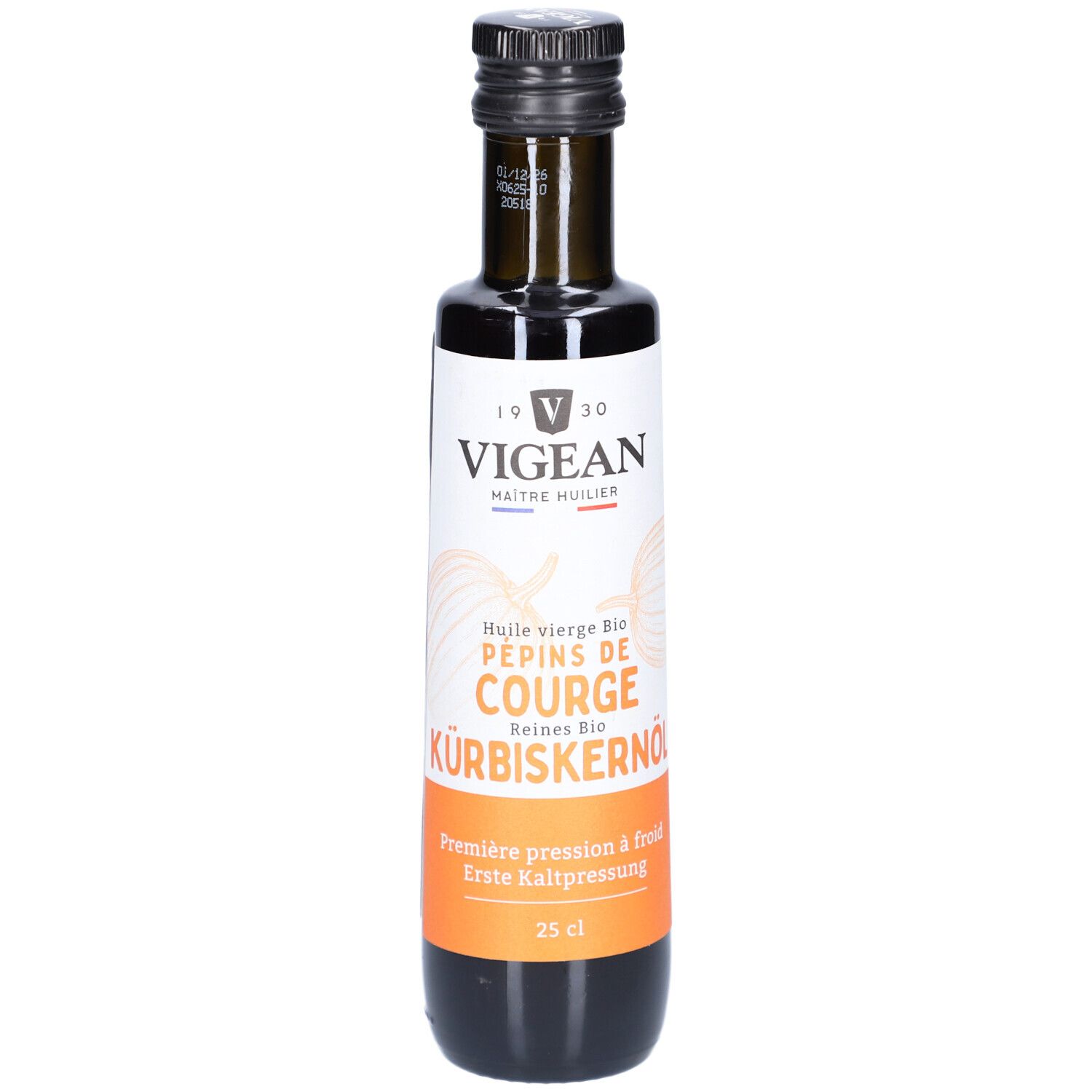 Braune Glasflasche mit Etikett. VIGEAN Kürbiskernöl, 25 cl. Schwarzer Deckel. Bio-Qualität.