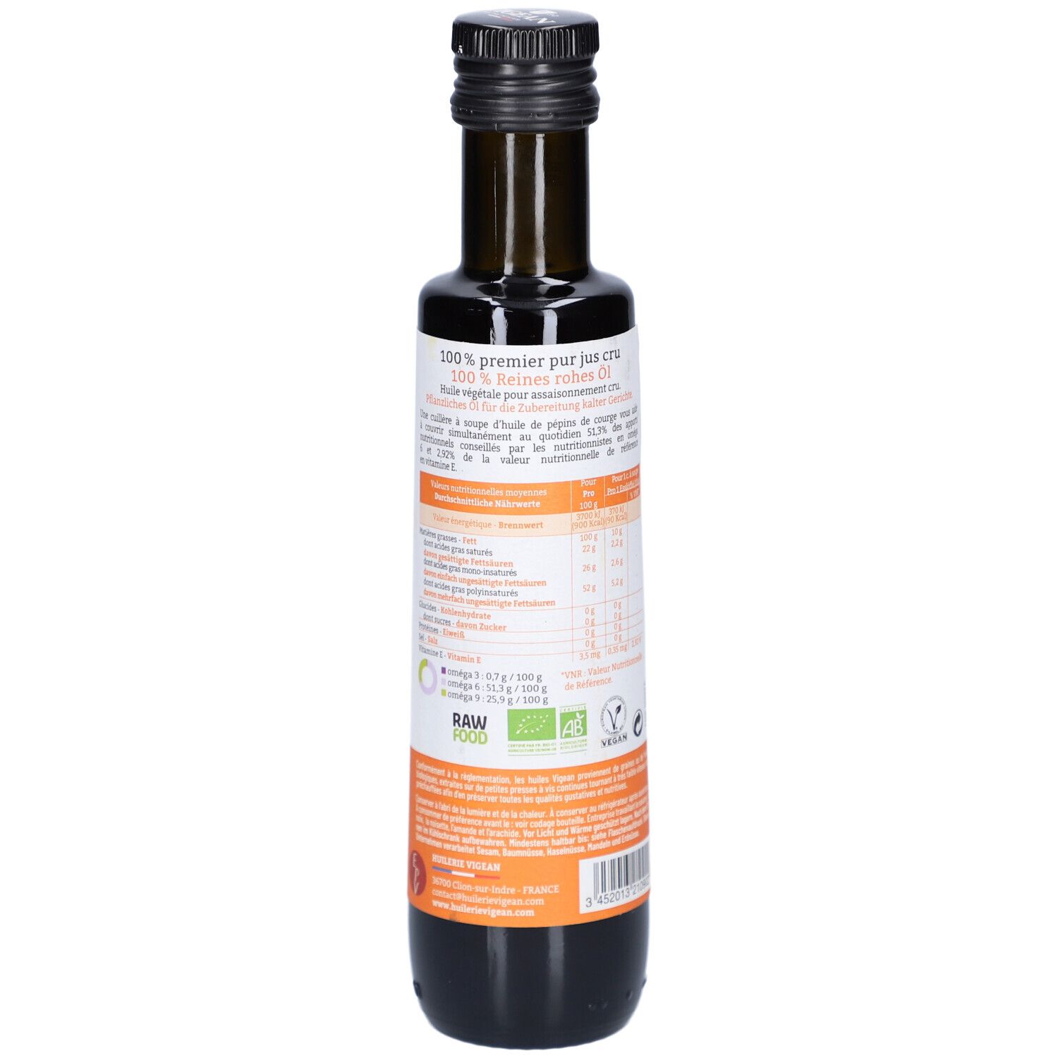 Rückseite der Flasche. Etikett mit Nährwertangaben, Bio-Siegel und Barcode. VIGEAN Kürbiskernöl.