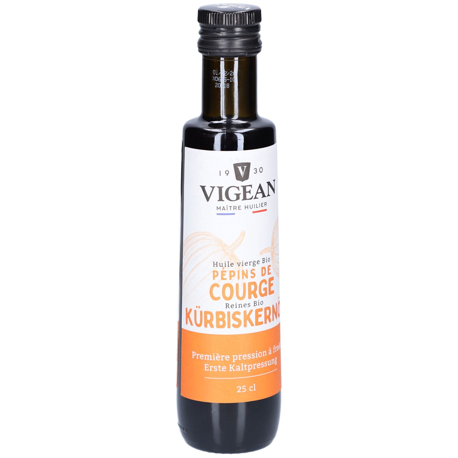 Braune Glasflasche mit Etikett. VIGEAN Kürbiskernöl, 25 cl. Schwarzer Deckel. Bio-Qualität.