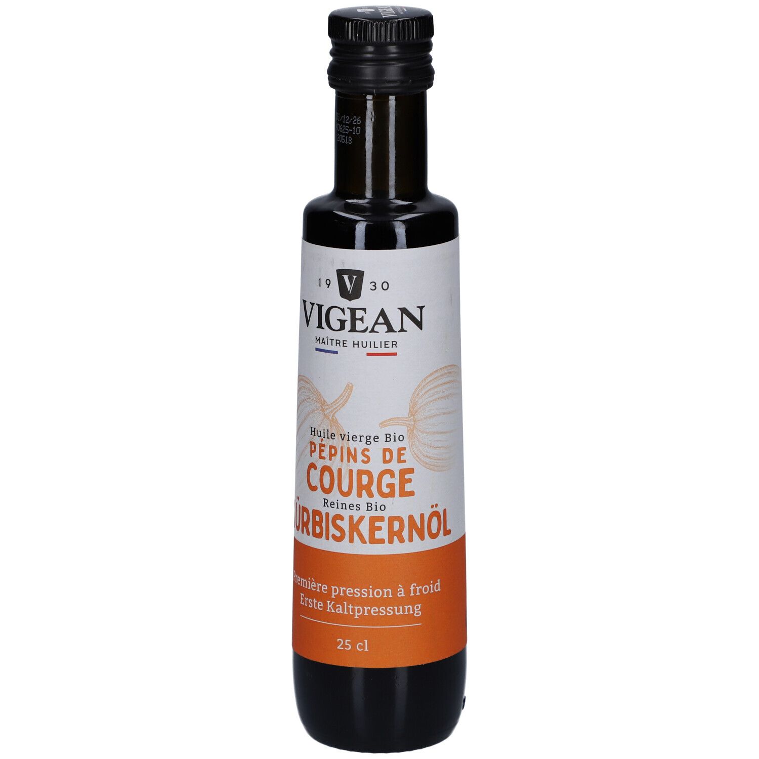 Braune Glasflasche mit Etikett. VIGEAN Kürbiskernöl, 25 cl. Schwarzer Deckel. Bio-Qualität.
