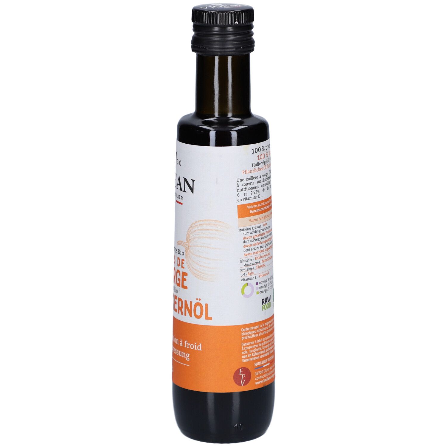 Rückseite der Flasche. Etikett mit Nährwertangaben, Bio-Siegel und Barcode. VIGEAN Kürbiskernöl.