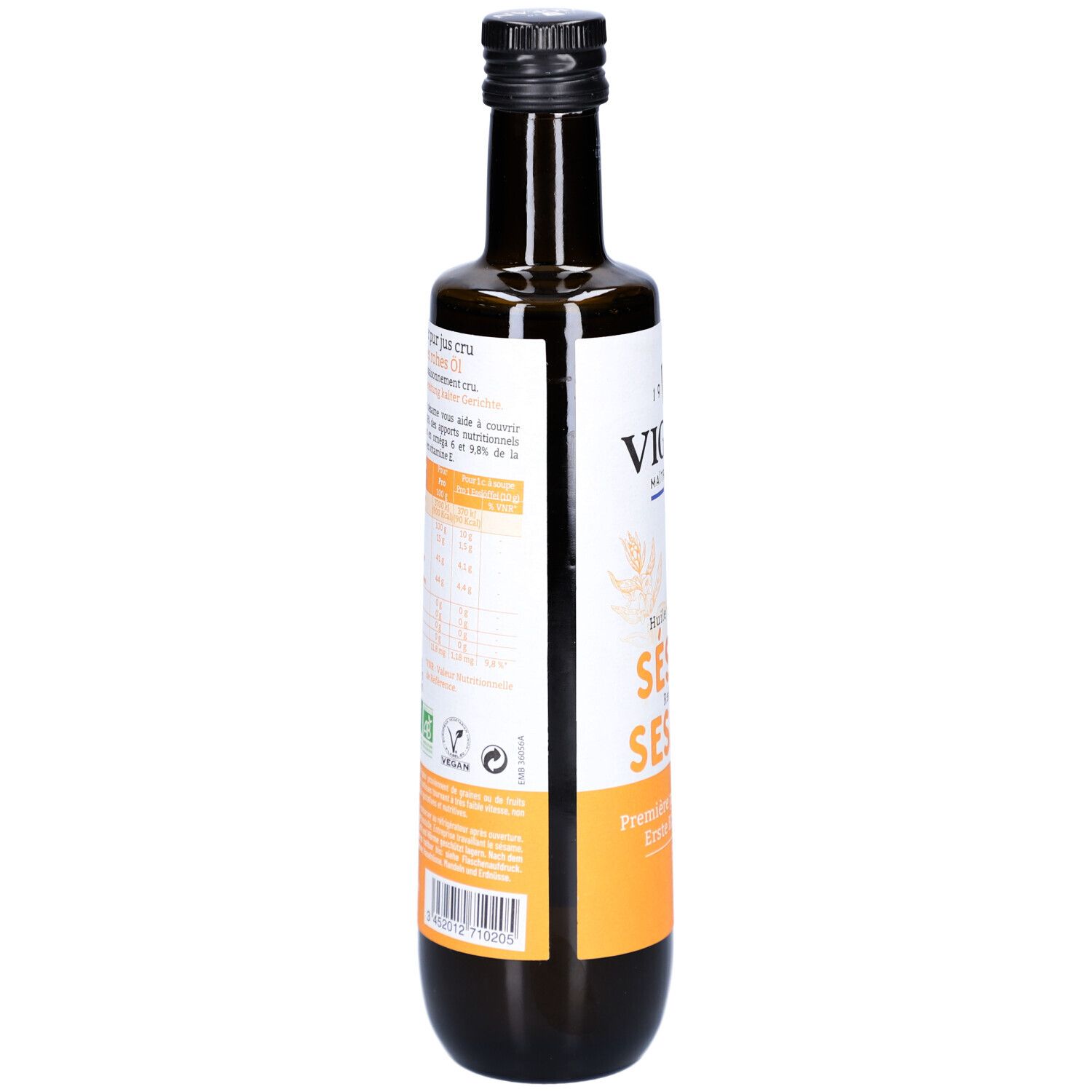 Braune Glasflasche mit Etikett. Text mit Nährwertangaben und Bio-Zertifizierung. Schwarzer Deckel.