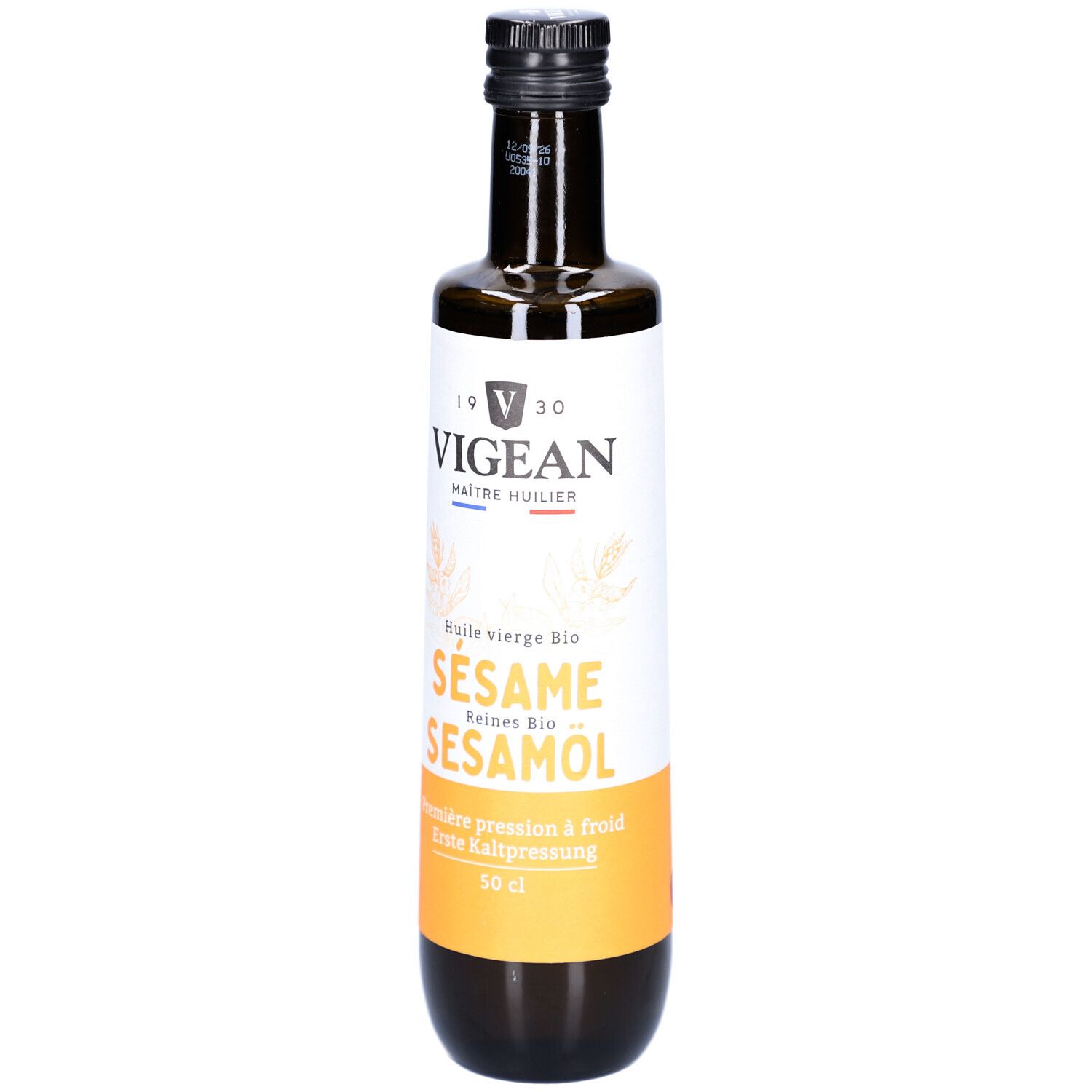 Braune Glasflasche mit schwarzem Deckel. Etikett mit VIGEAN-Logo, Sesam-Bezeichnung und Text. Bio-Zertifizierung.