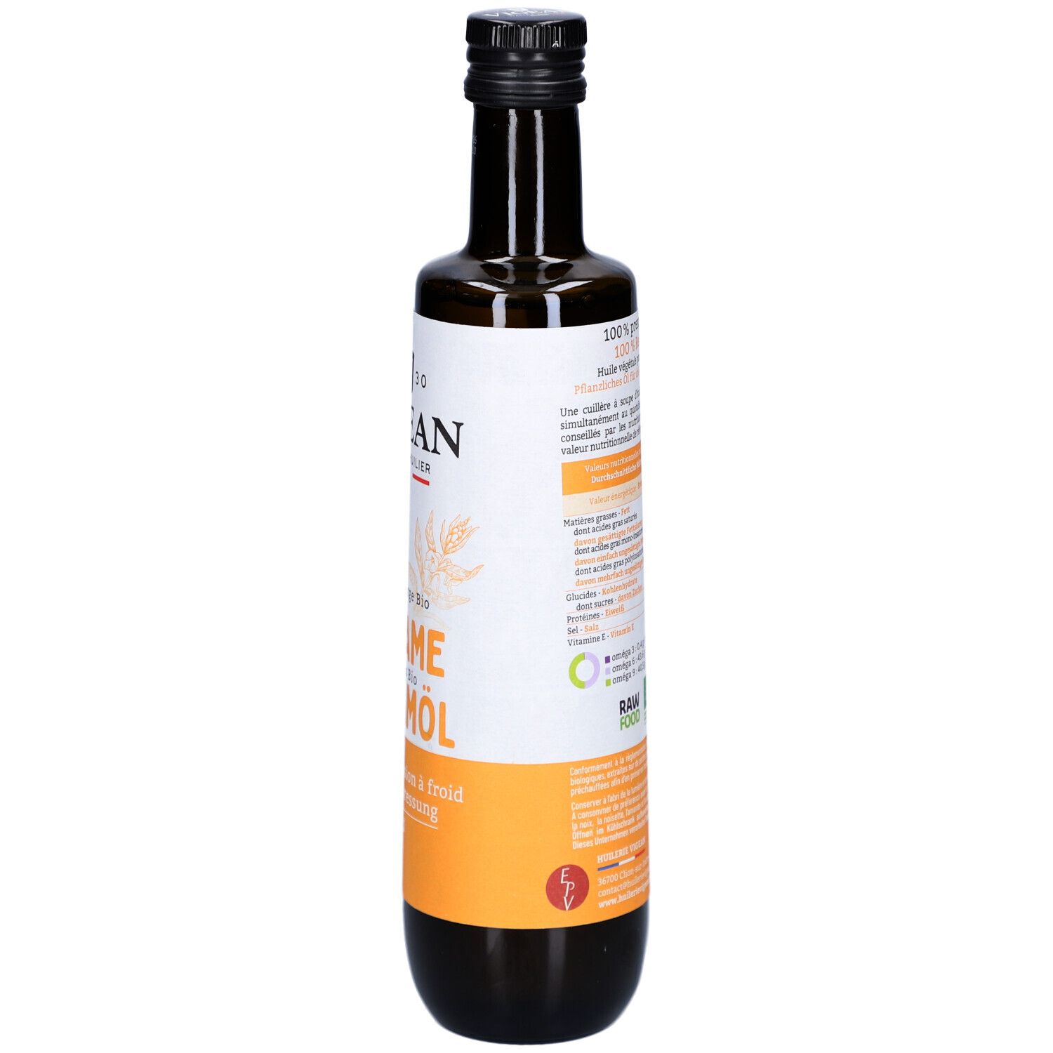 Braune Glasflasche mit Etikett. Text mit Nährwertangaben, Bio-Zertifizierung und weiteren Informationen. Schwarzer Deckel.