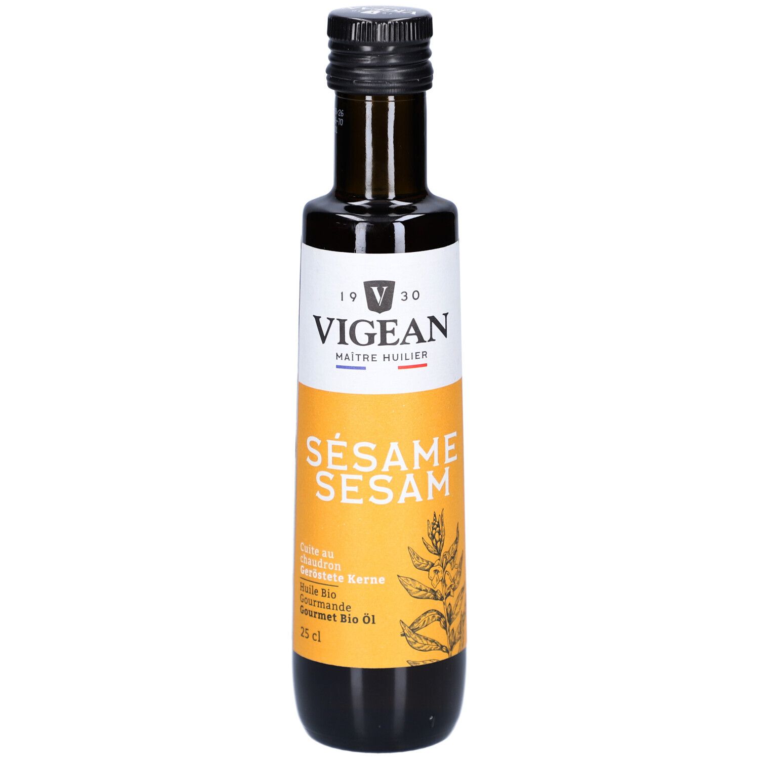 Braune Glasflasche mit schwarzem Deckel. Etikett mit VIGEAN-Logo und Sesam-Produktbezeichnung. Bio-Zertifizierung.