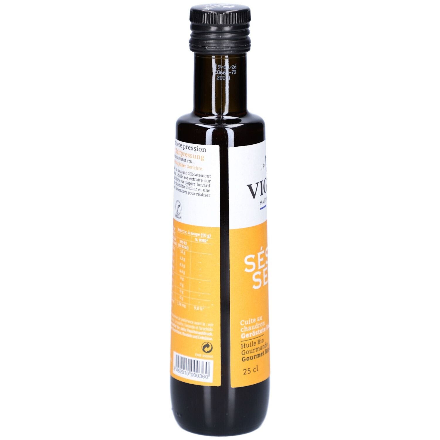 Braune Glasflasche mit schwarzem Deckel. Rückseite mit Nährwertangaben und Bio-Zertifizierung. Text in Französisch.