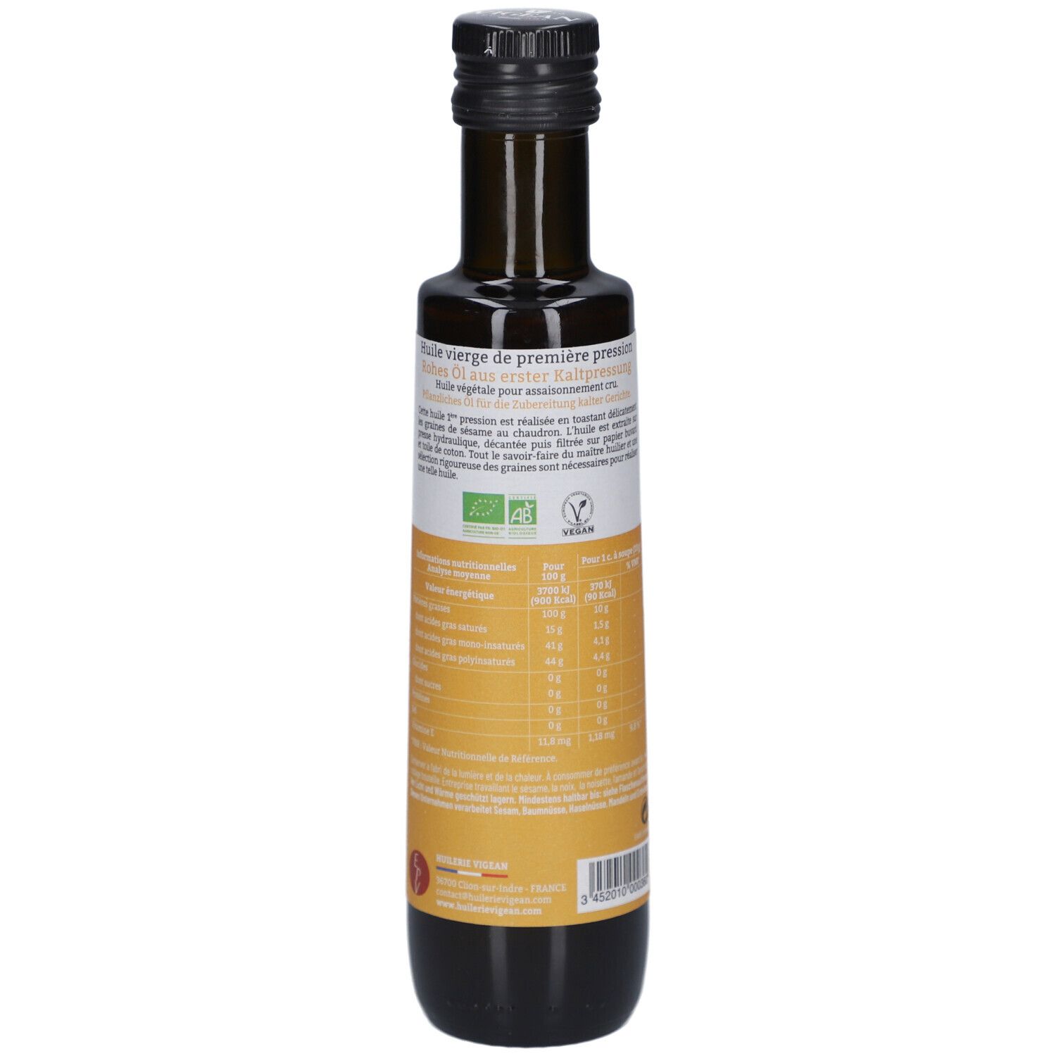 Braune Glasflasche mit schwarzem Deckel. Rückseite mit Nährwertangaben und Bio-Zertifizierung. Vegan-Logo.