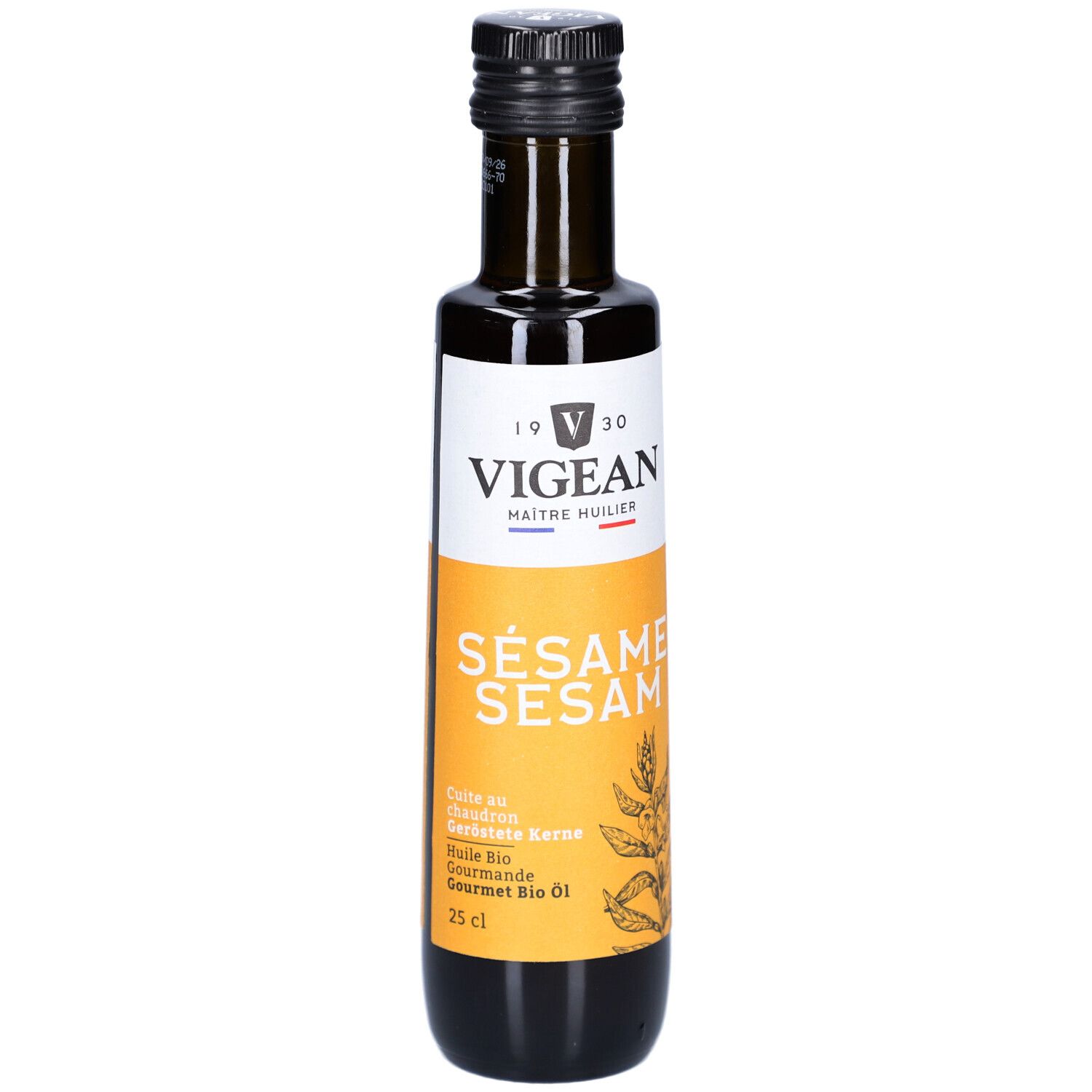 Braune Glasflasche mit schwarzem Deckel. Etikett mit VIGEAN-Logo und Sesam-Produktbezeichnung. Bio-Zertifizierung.