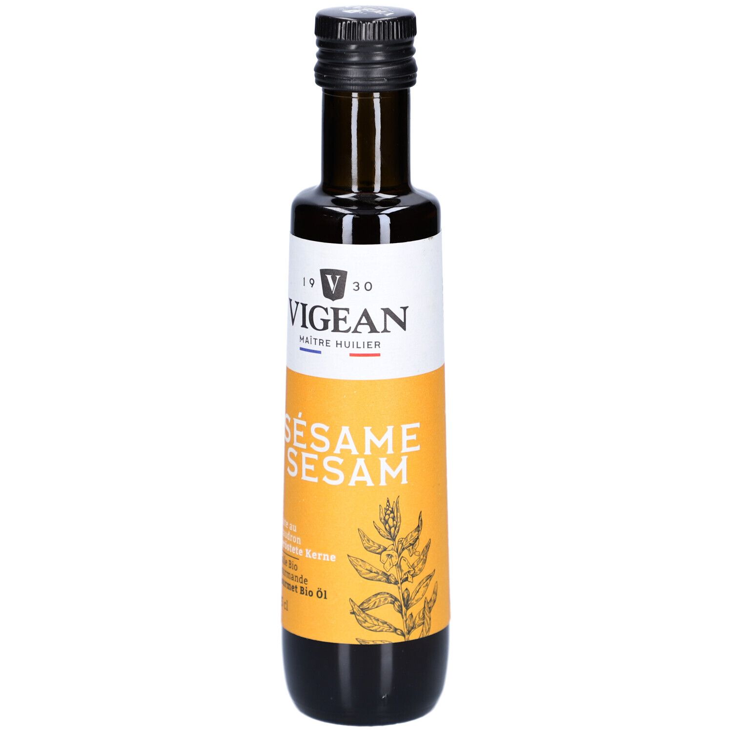 Braune Glasflasche mit schwarzem Deckel. Etikett mit VIGEAN-Logo und Sesam-Produktbezeichnung. Bio-Zertifizierung.