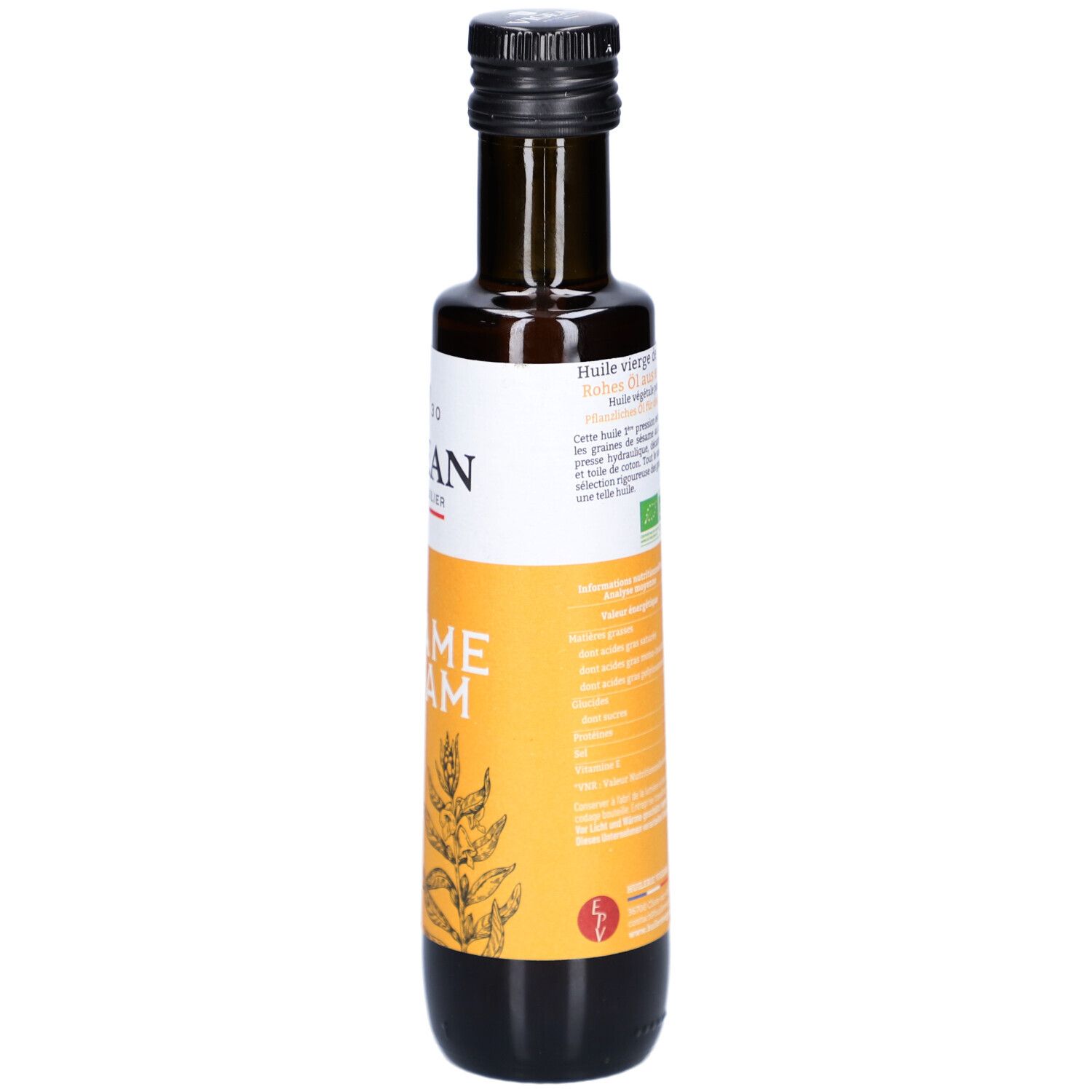 Braune Glasflasche mit schwarzem Deckel. Rückseite mit Text und Bio-Zertifizierung. Vegan-Logo.