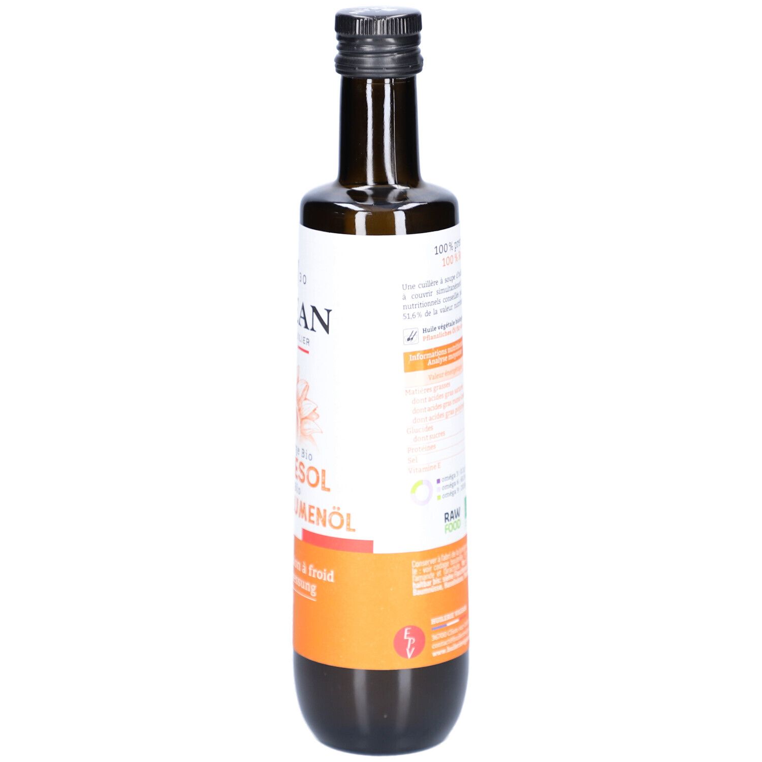 Braune Glasflasche mit schwarzem Deckel. Etikett mit Text und Bio-Siegel. 50 cl. Gesundheitszeichen.