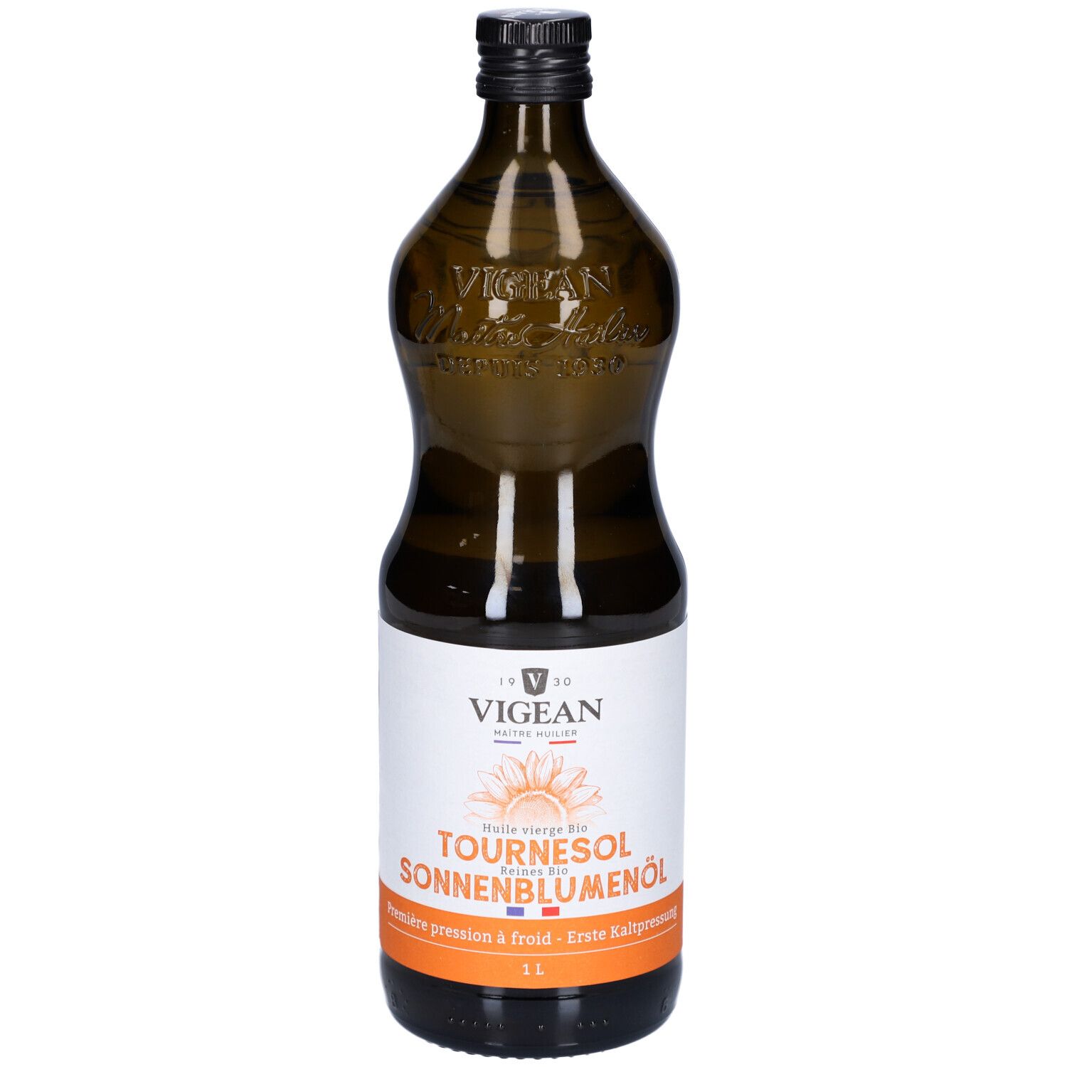 Braune Glasflasche mit Sonnenblumenöl. Etikett mit Produktnamen und Logo. Schwarzer Verschluss.