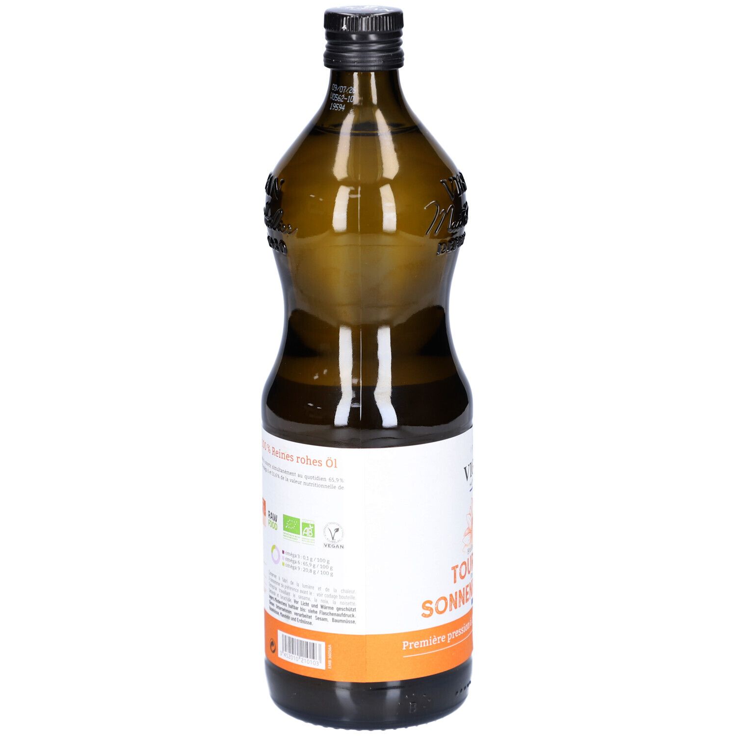 Braune Glasflasche mit Sonnenblumenöl. Rückseite mit Etikett und Informationen. Schwarzer Verschluss.