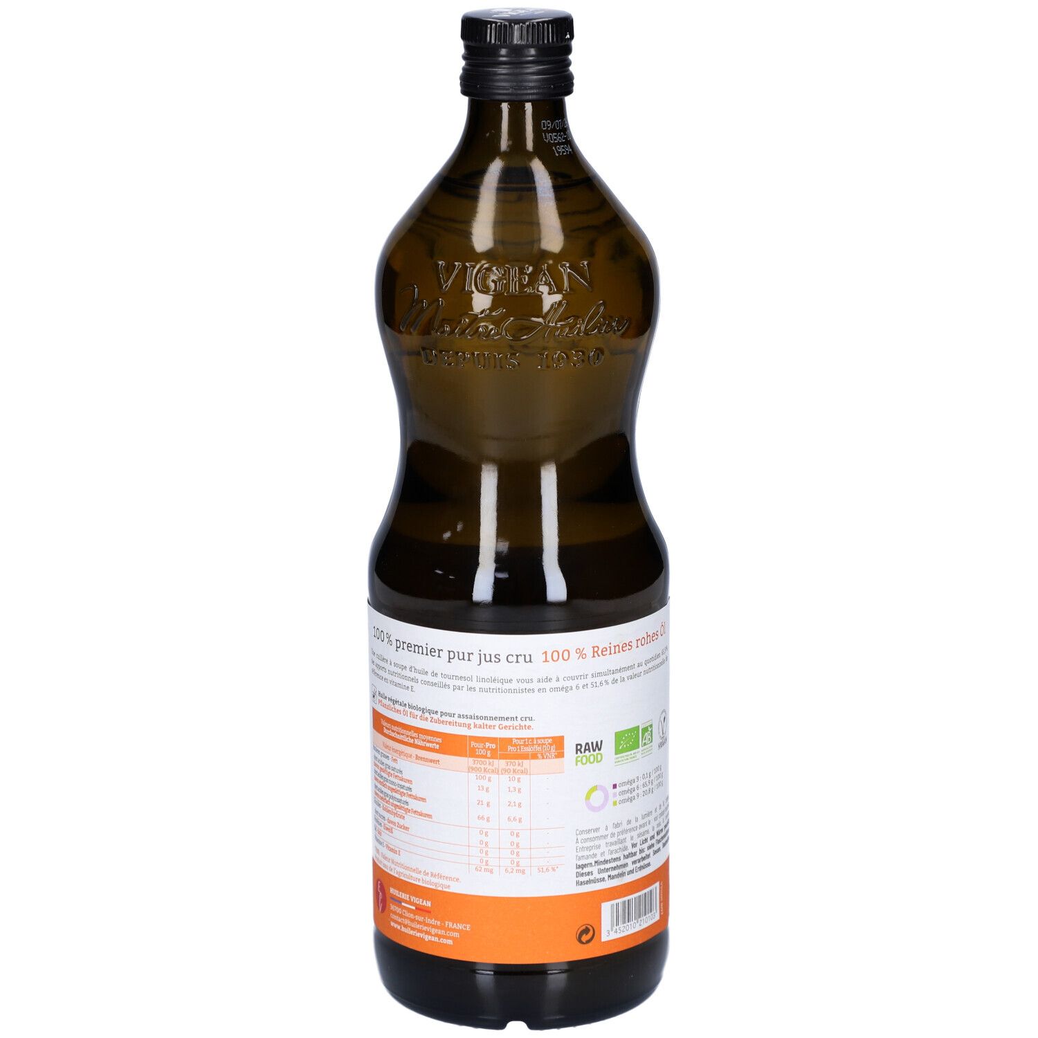 Braune Glasflasche mit Sonnenblumenöl. Rückseite mit Etikett und Informationen. Schwarzer Verschluss.
