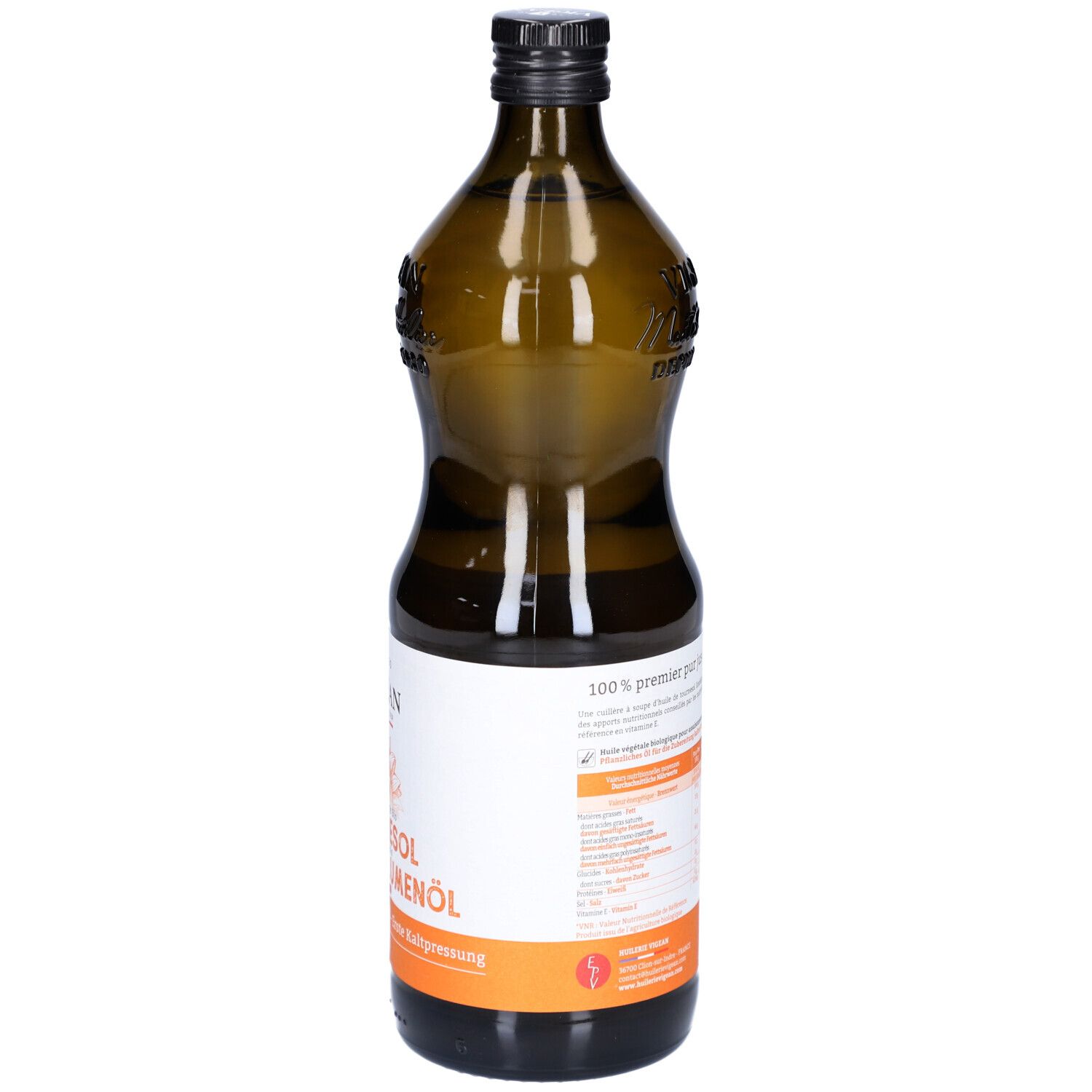 Braune Glasflasche mit Sonnenblumenöl. Rückseite mit Etikett und Informationen. Schwarzer Verschluss.